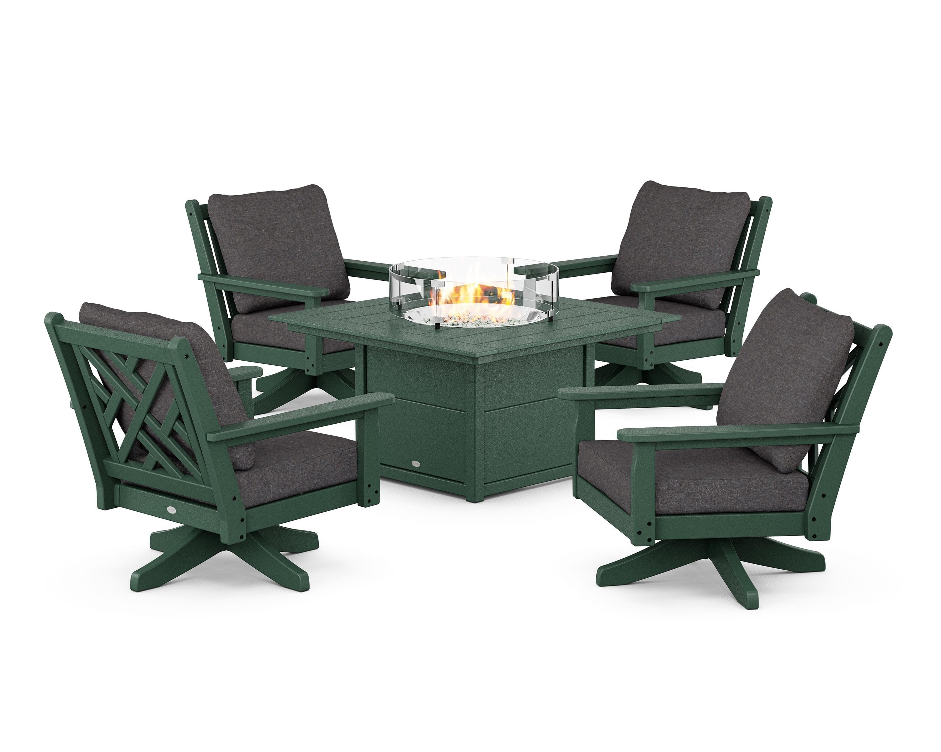 POLYWOOD® Chippendale 5-Piece Deep Seating Swivel Conversation Set with Fire Pit Table in Green / Ash Charcoal
