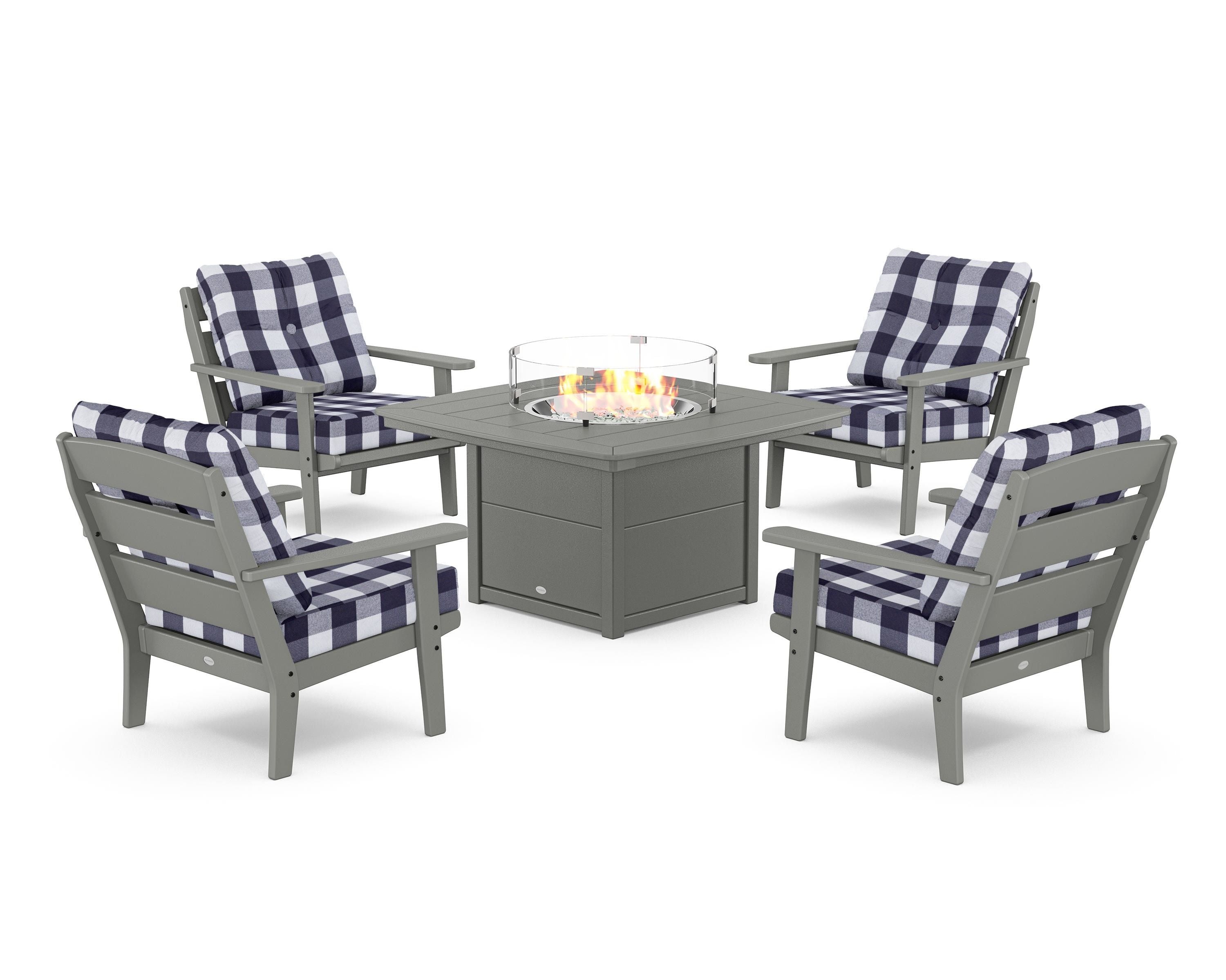 POLYWOOD® Lakeside 5-Piece Deep Seating Set with Nautical Fire Pit Table in Slate Grey / Buffalo Plaid Navy
