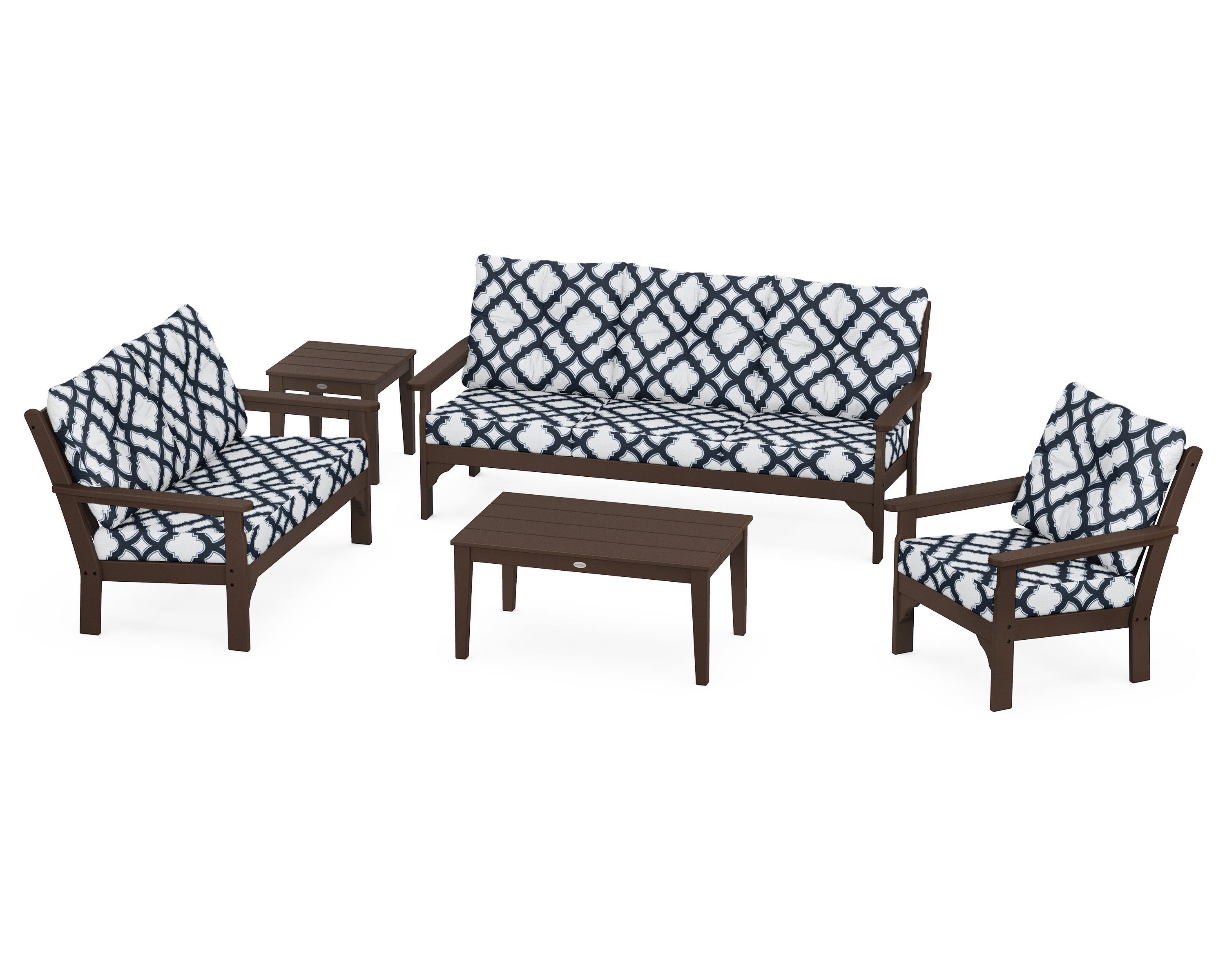 POLYWOOD® Vineyard 5 Piece Deep Seating Set in Mahogany / Trellis Marine Indigo
