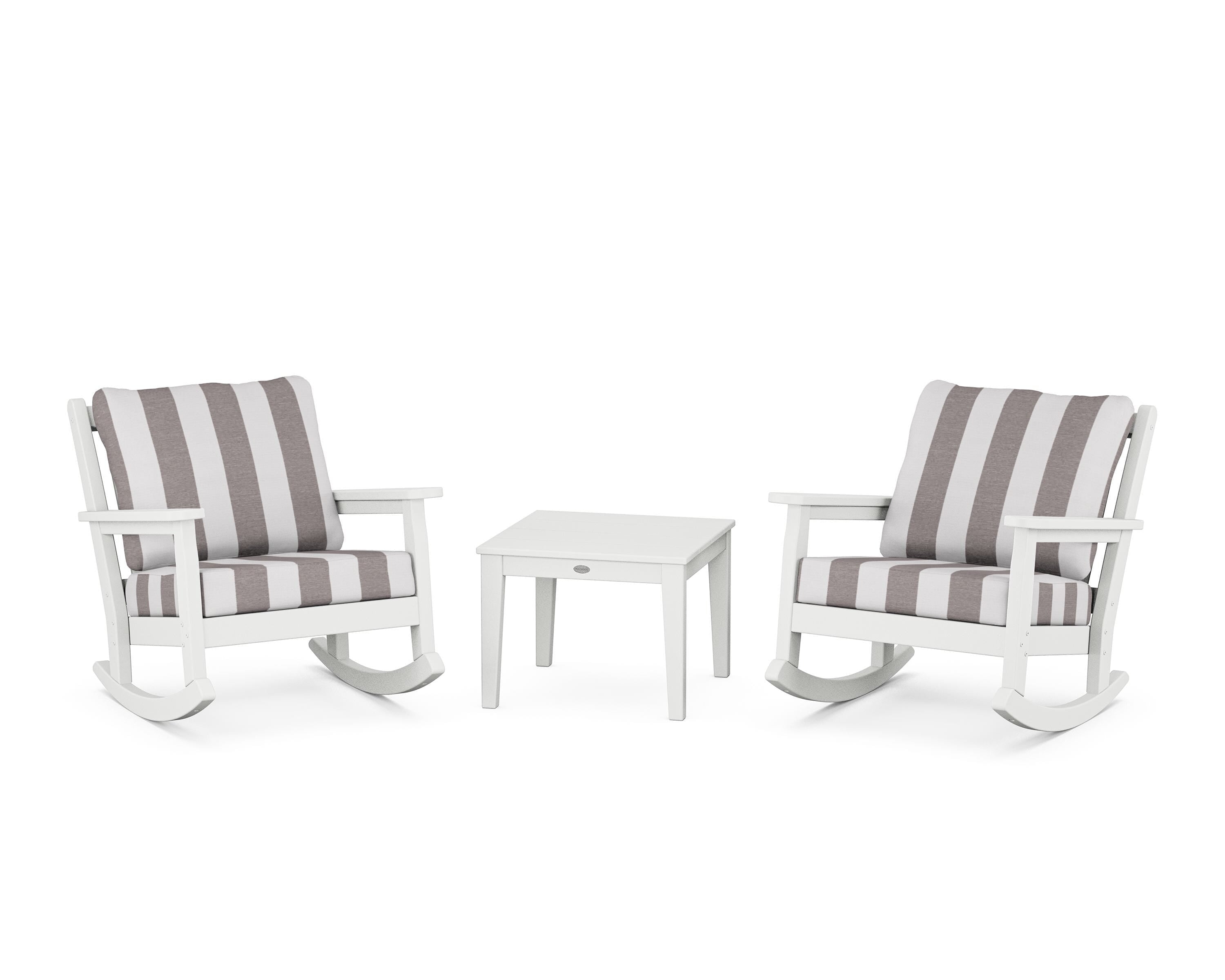 POLYWOOD® Chippendale 3-Piece Deep Seating Rocker Set in White / Cabana Stripe Grey Mist