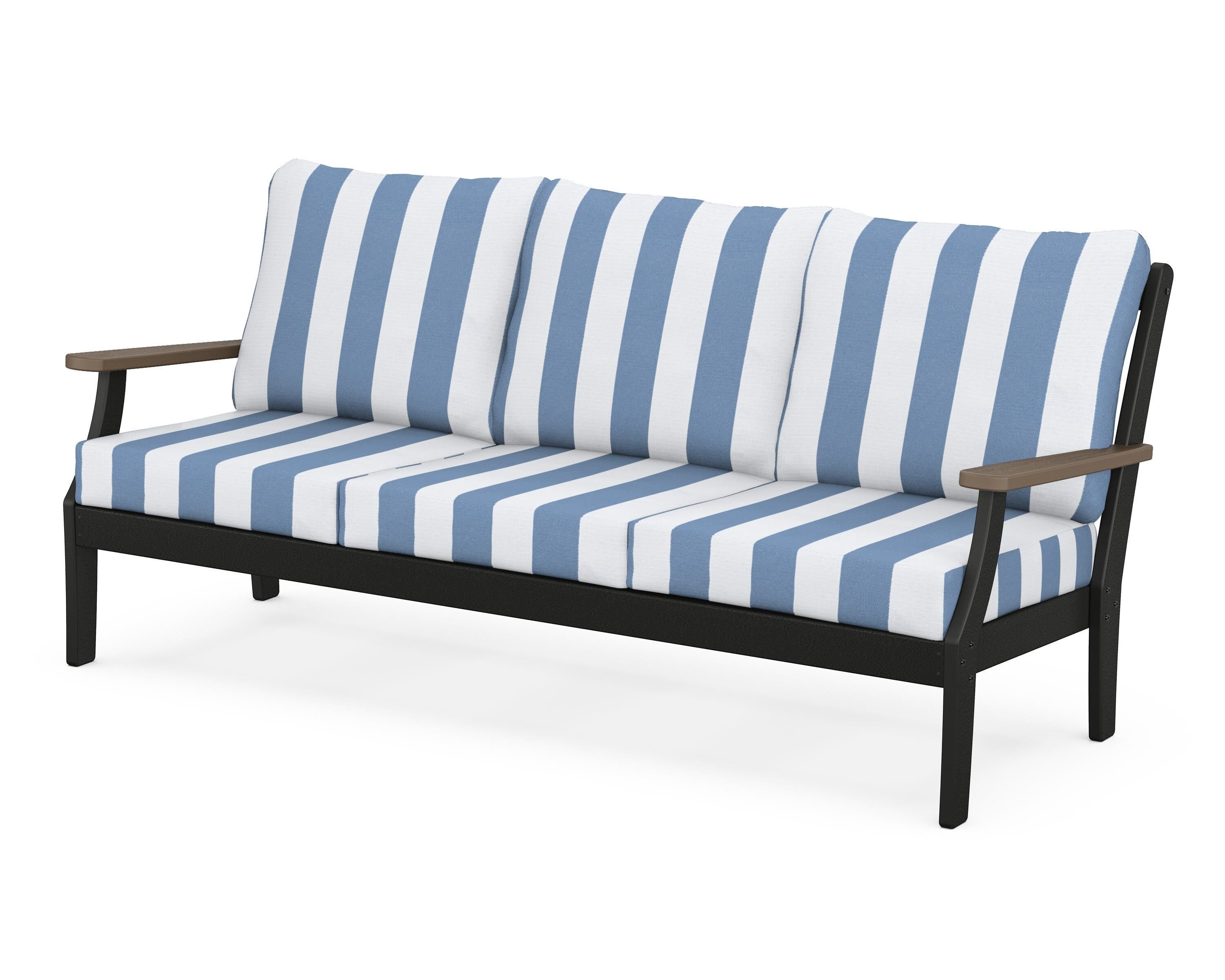 POLYWOOD® Braxton Deep Seating Sofa in Black / Kona / Cabana Stripe Sky Blue