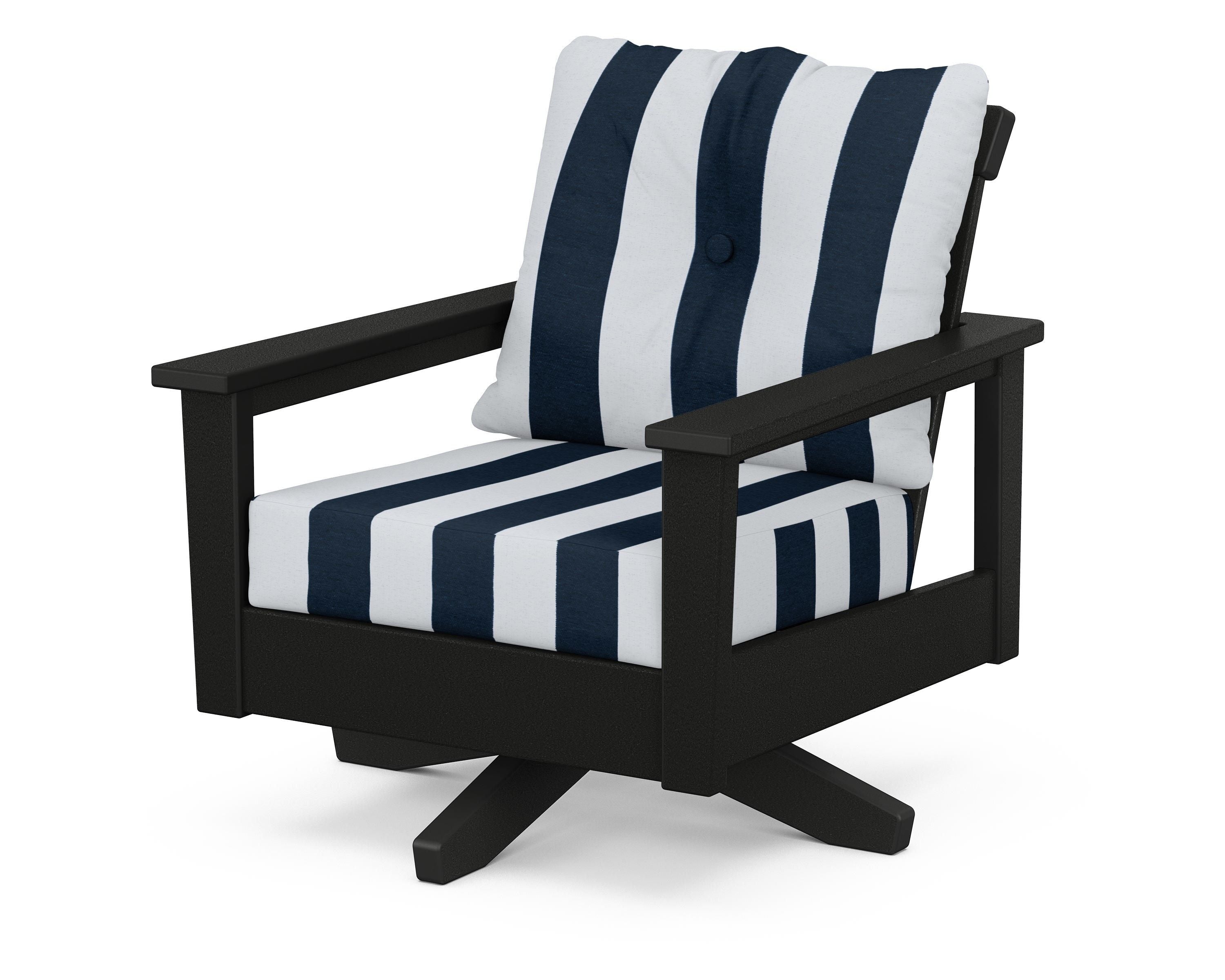 POLYWOOD® Prescott Deep Seating Swivel Chair in Black / Cabana Stripe Marine Indigo