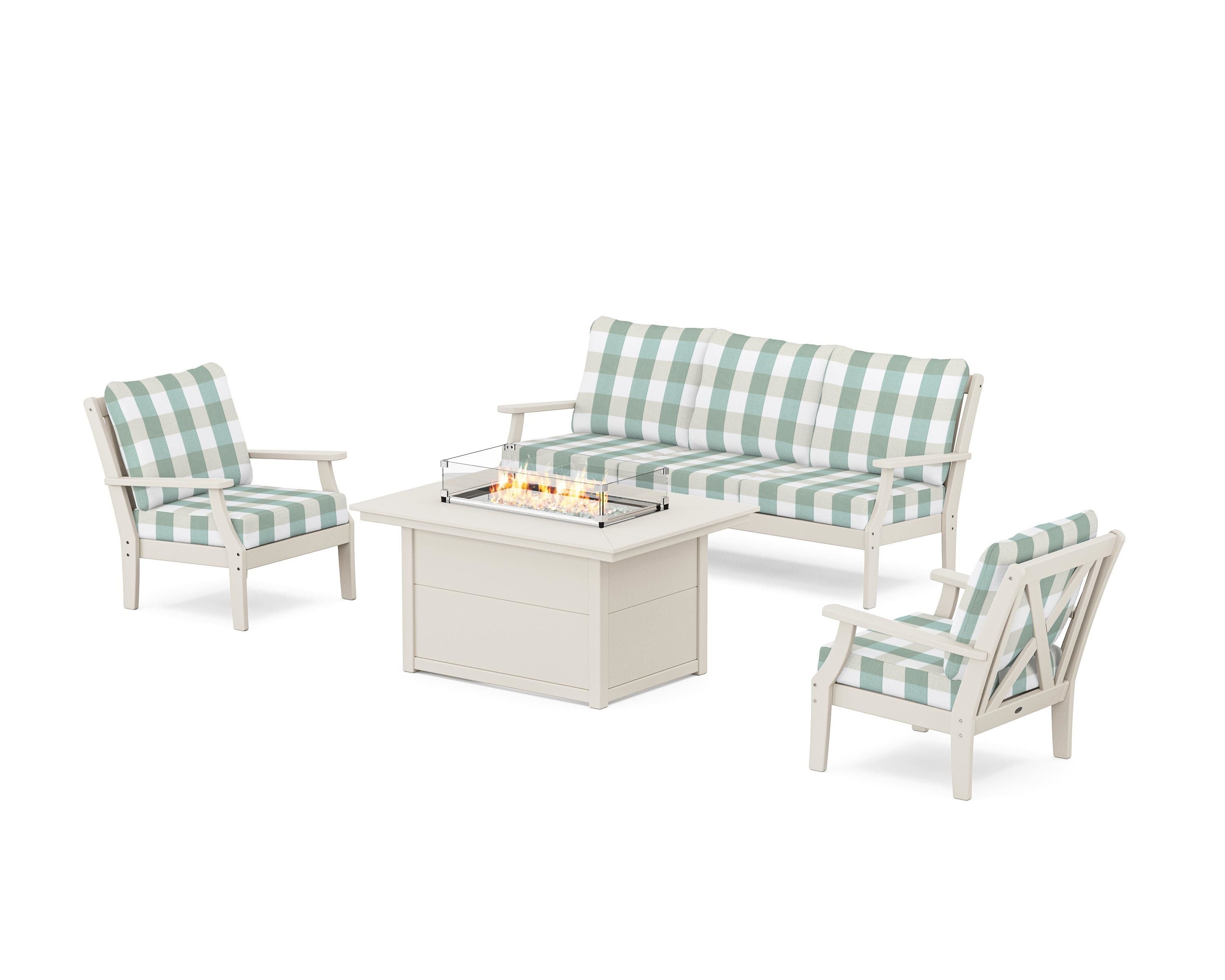 POLYWOOD® Braxton Deep Seating Fire Pit Table Set in Sand / Buffalo Plaid Glacier Spa