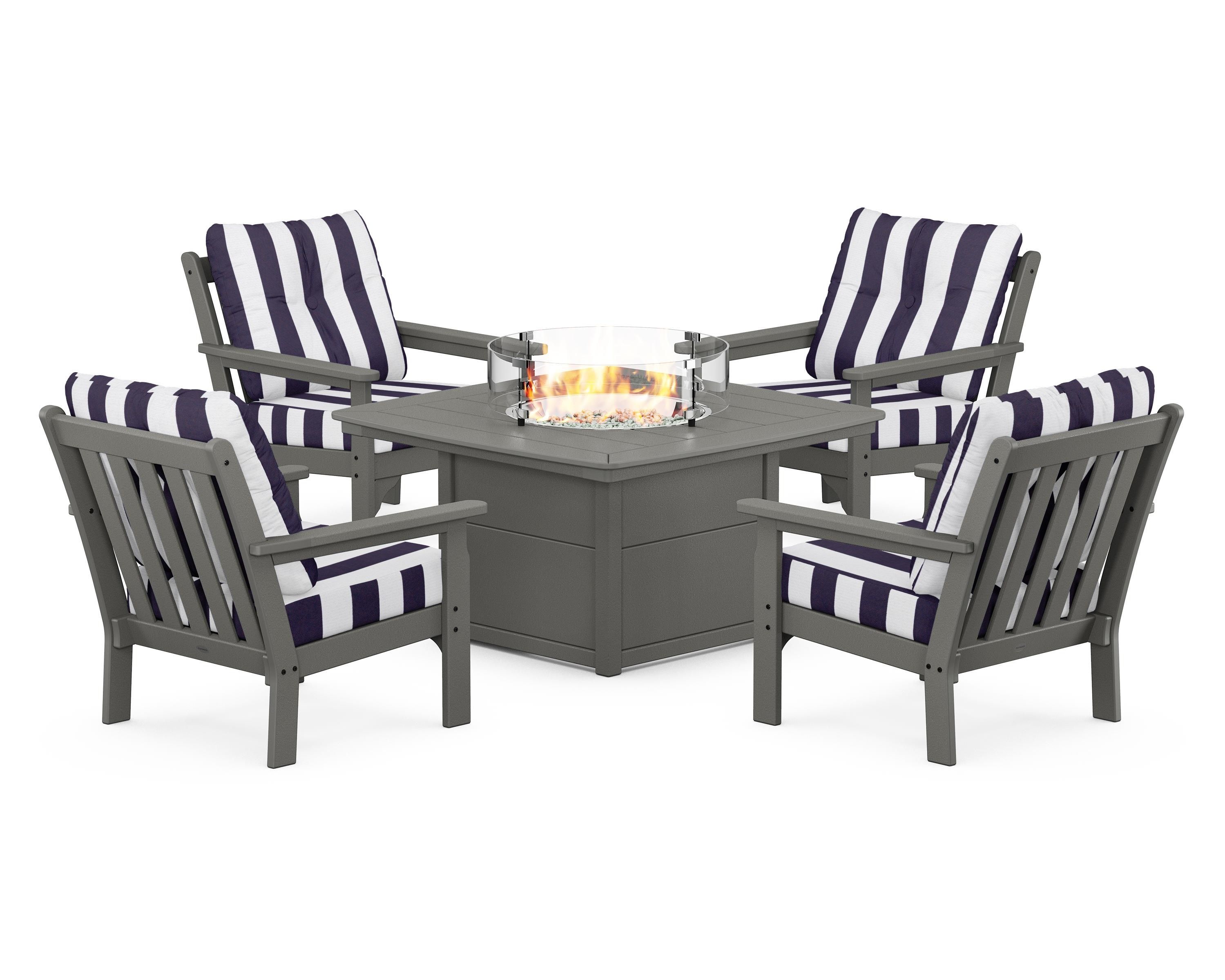 POLYWOOD® Vineyard 5-Piece Conversation Set with Fire Pit Table in Slate Grey / Cabana Stripe Navy