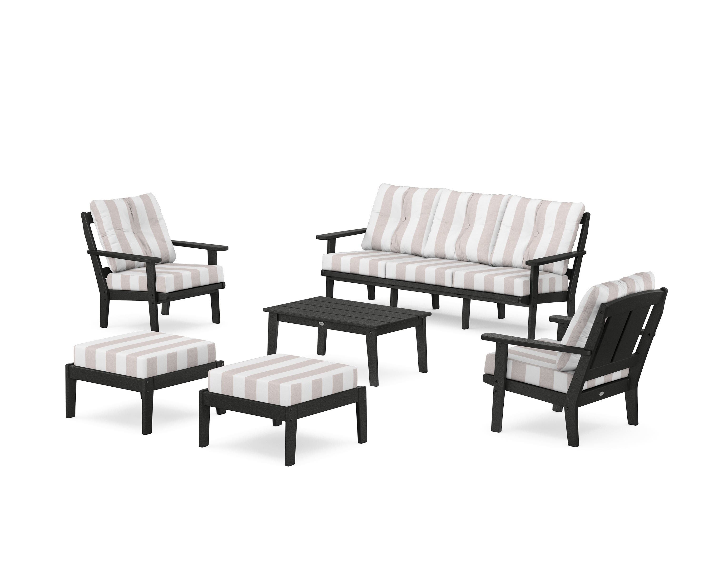 POLYWOOD® Mission 6-Piece Lounge Sofa Set in Black / Cabana Stripe Dune Burlap