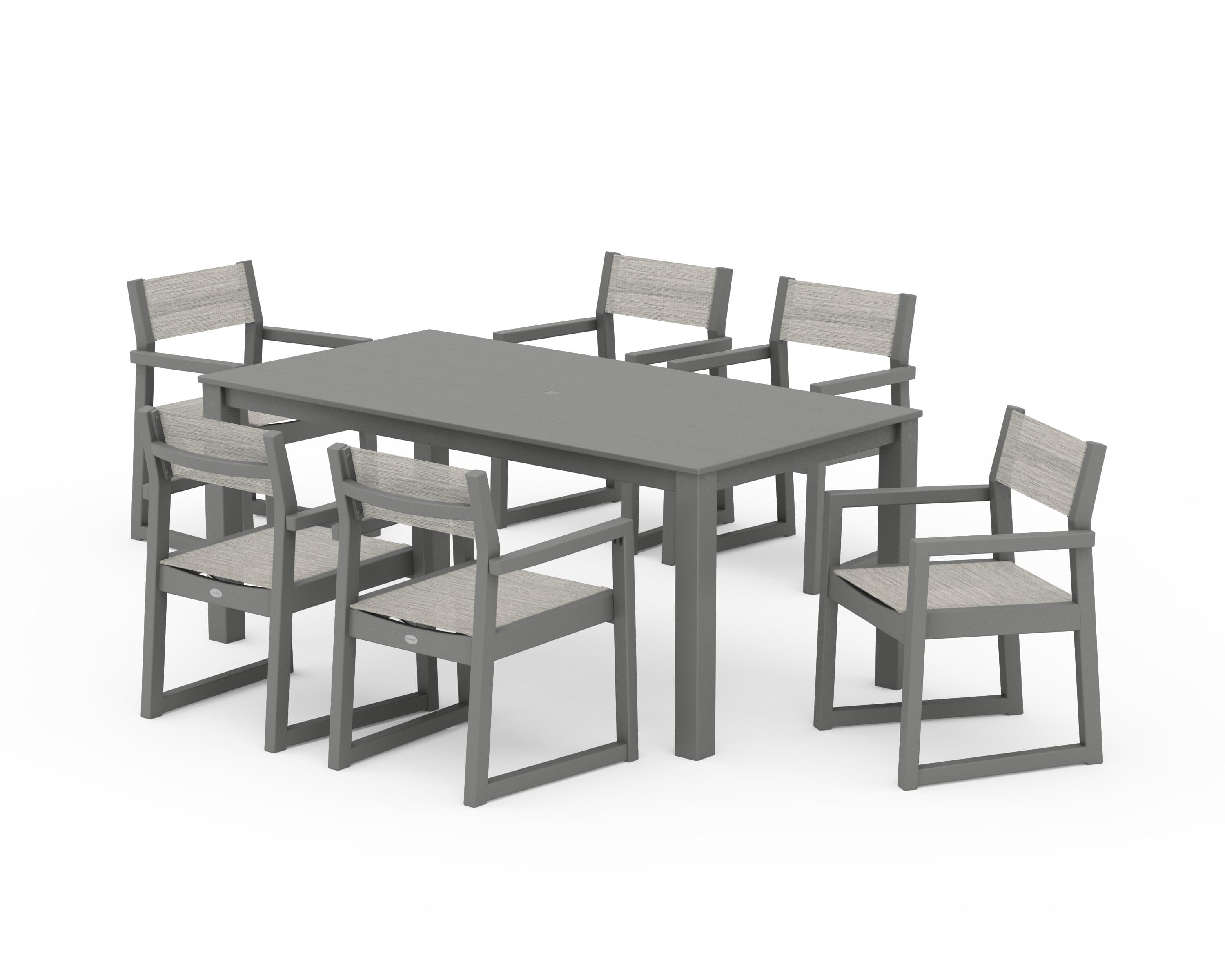 POLYWOOD® EDGE Sling Arm Chair 7-Piece Parsons Dining Set in Slate Grey / Birch Sling