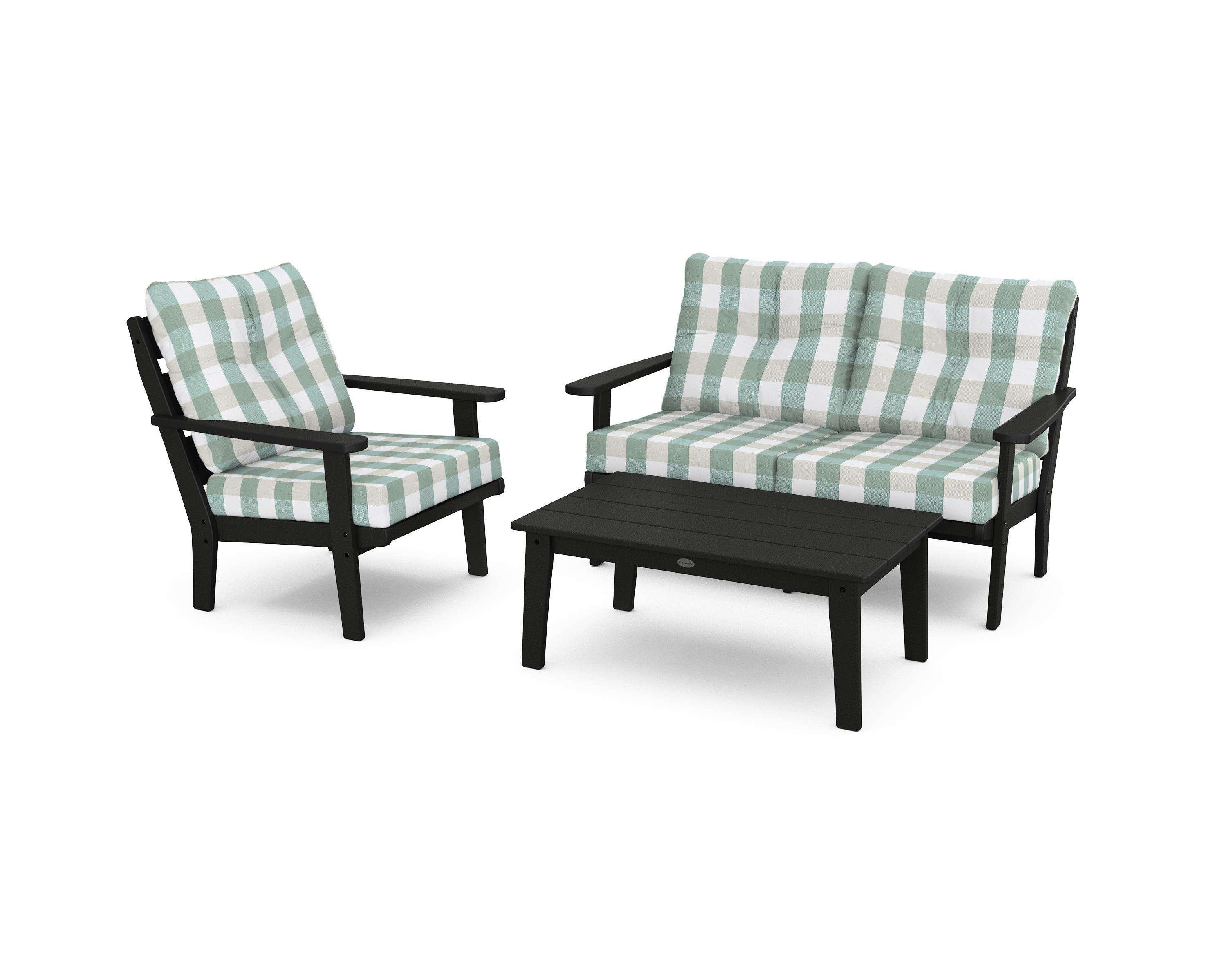 POLYWOOD® Lakeside 3-Piece Deep Seating Set in Black / Buffalo Plaid Glacier Spa