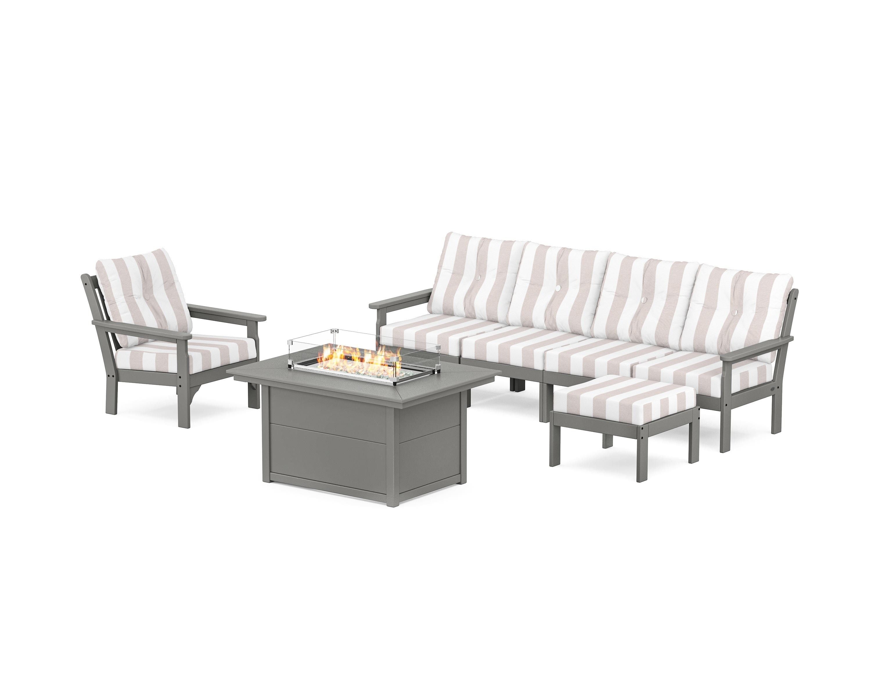 POLYWOOD® Vineyard Sectional Lounge and Fire Pit Set in Slate Grey / Cabana Stripe Dune Burlap