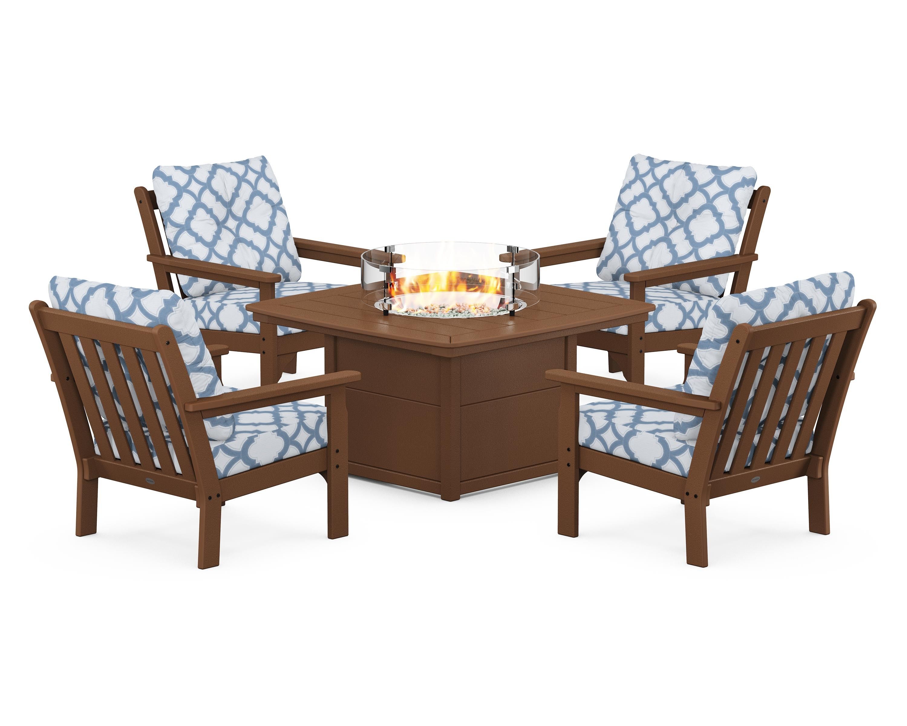 POLYWOOD® Vineyard 5-Piece Conversation Set with Fire Pit Table in Teak / Trellis Sky Blue