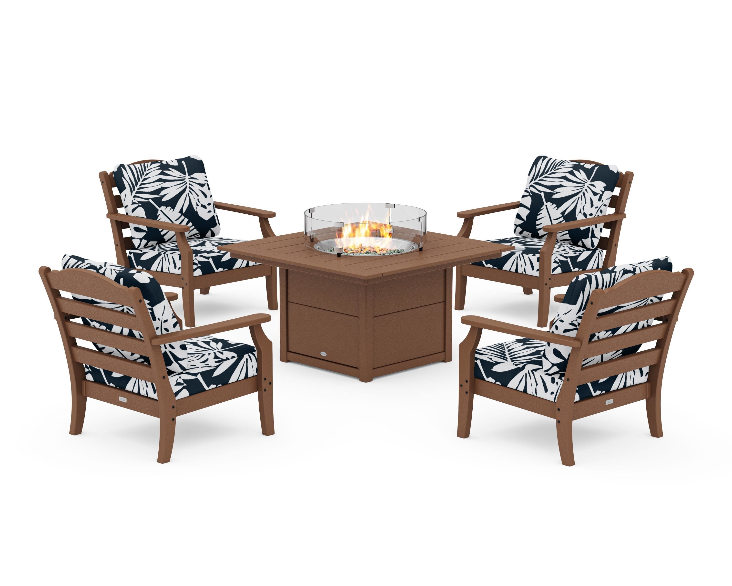Draper James™ by POLYWOOD® Savannah 5-Piece Deep Seating Set with Fire Pit Table in Teak / Leaf Marine Indigo