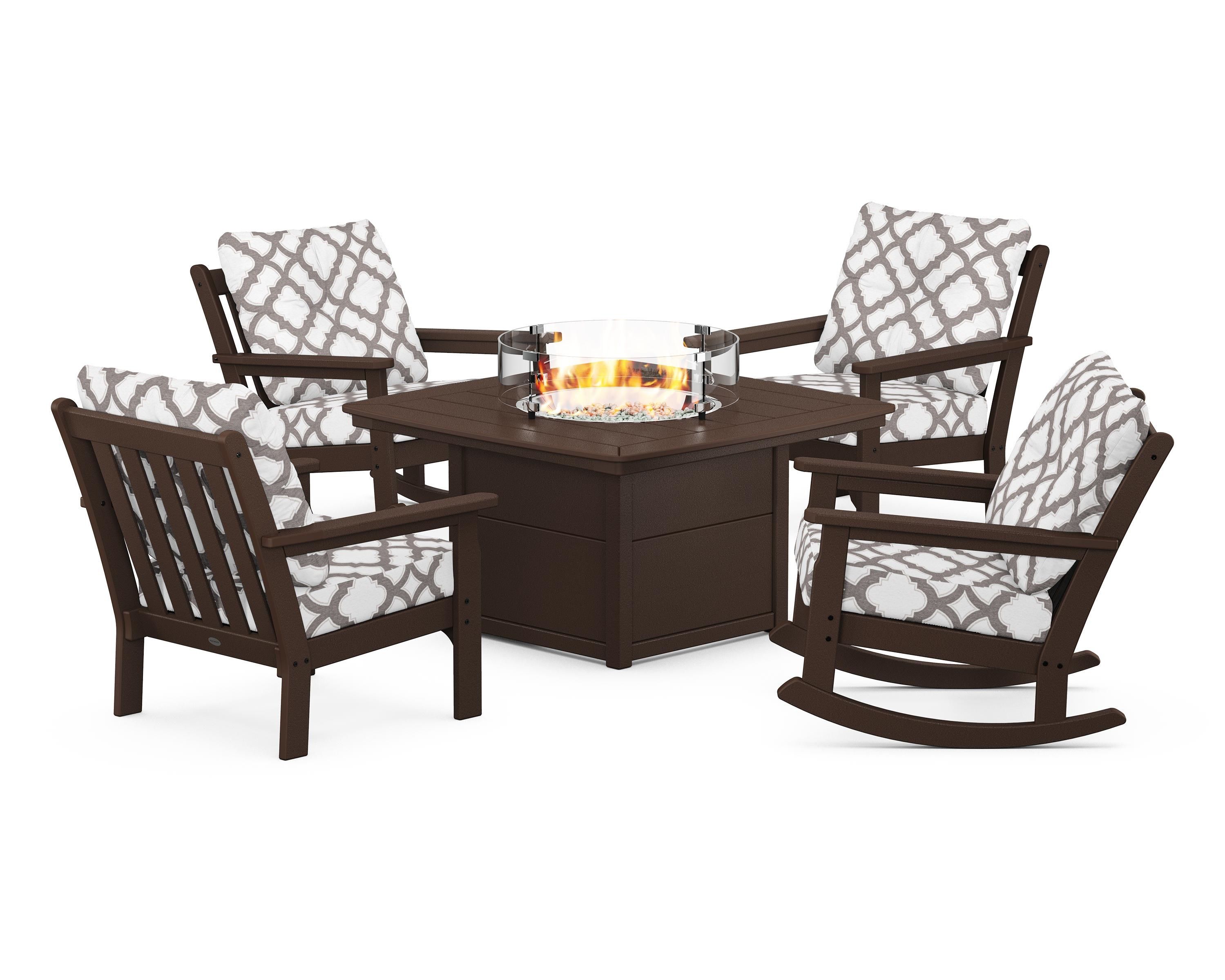 POLYWOOD® Vineyard 5-Piece Deep Seating Rocking Chair Conversation Set with Fire Pit Table in Mahogany / Trellis Grey Mist
