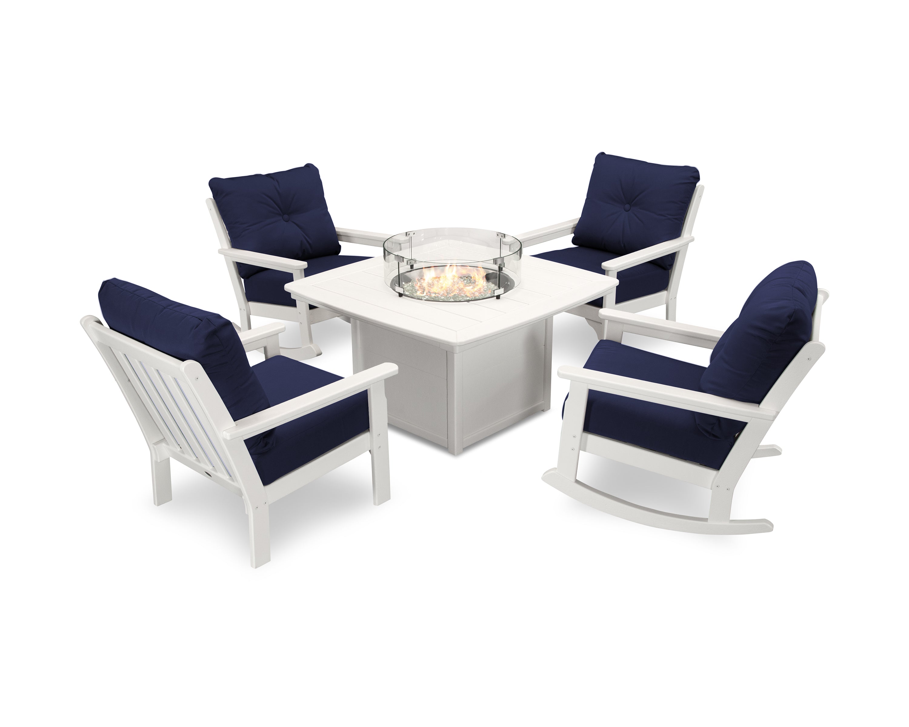 POLYWOOD® Vineyard 5-Piece Deep Seating Rocking Chair Conversation Set with Fire Pit Table in White / Navy
