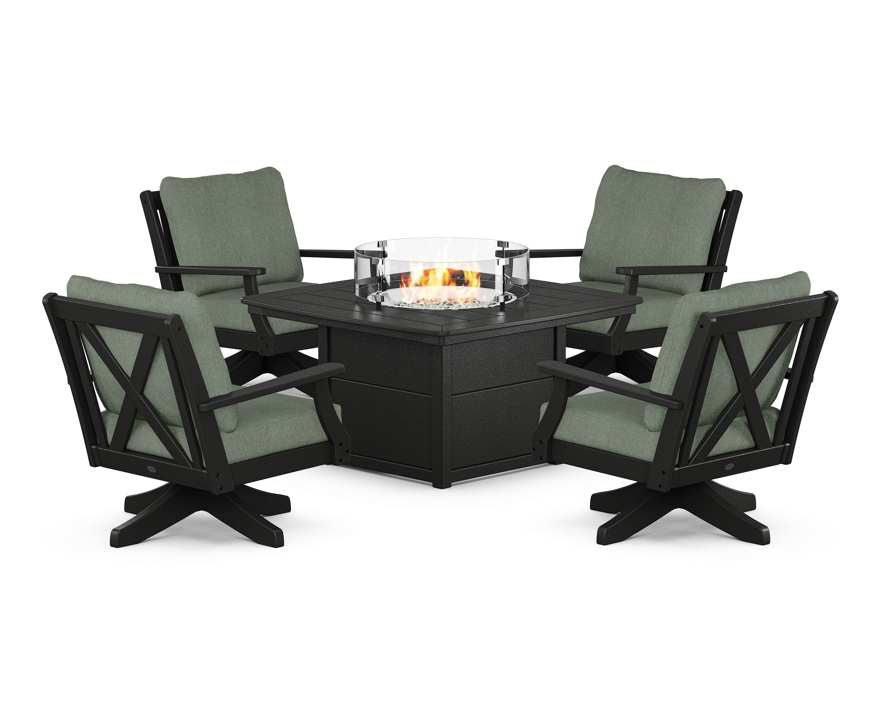 POLYWOOD® Braxton 5-Piece Deep Seating Swivel Conversation Set with Fire Pit Table in Black / Cast Sage
