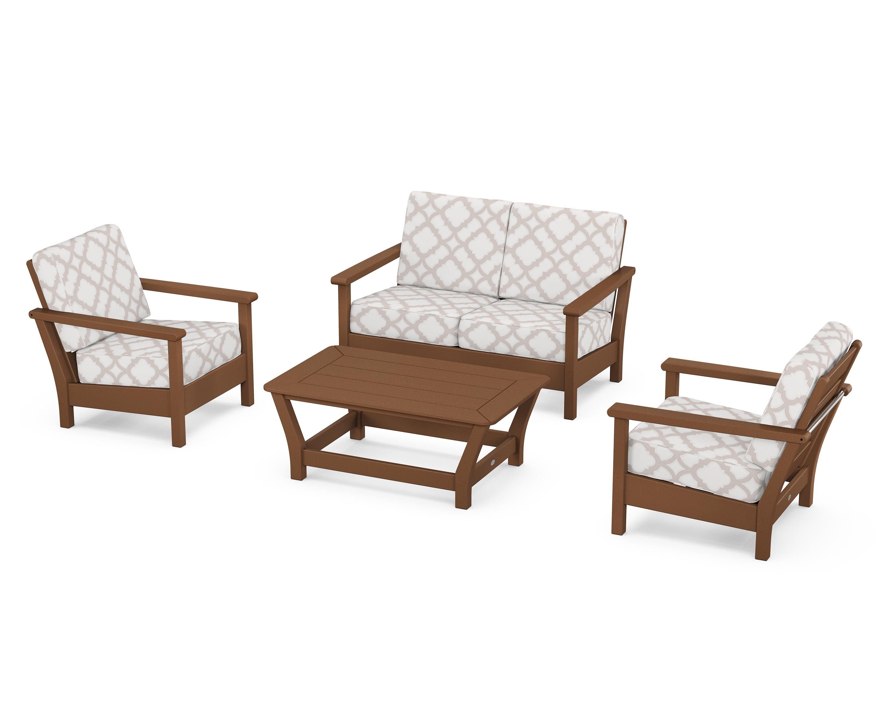POLYWOOD® Harbour 4-Piece Deep Seating Set in Teak / Trellis Dune Burlap
