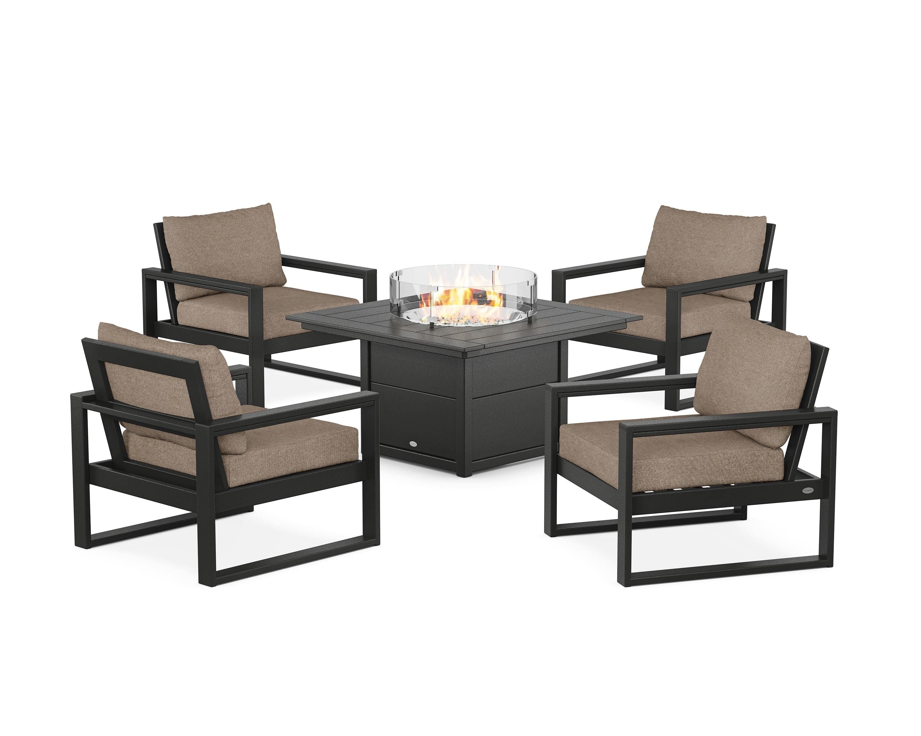 POLYWOOD® EDGE Sectional 5-Piece Deep Seating Set with Fire Pit Table in Black / Spiced Burlap