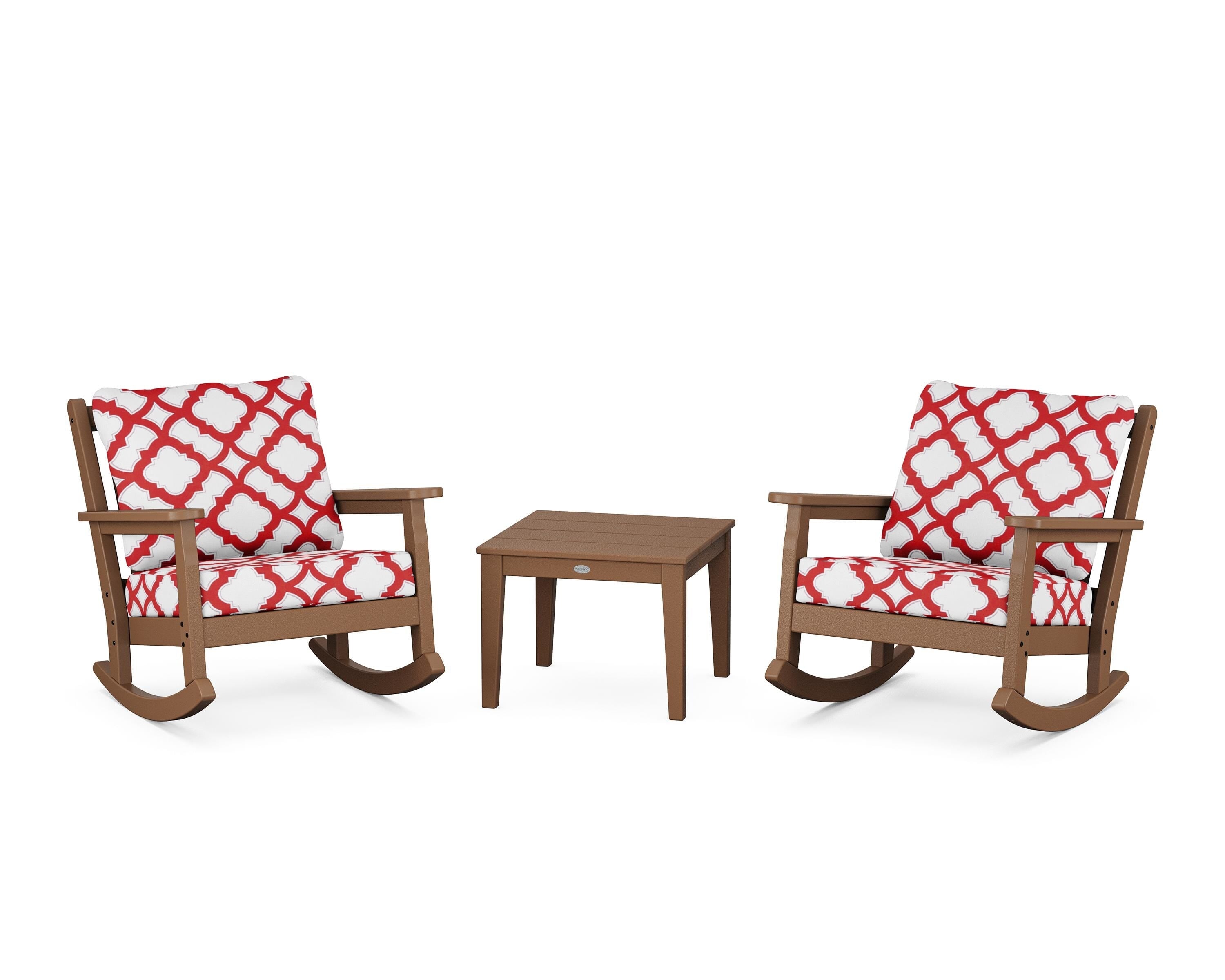 POLYWOOD® Chippendale 3-Piece Deep Seating Rocker Set in Teak / Trellis Crimson