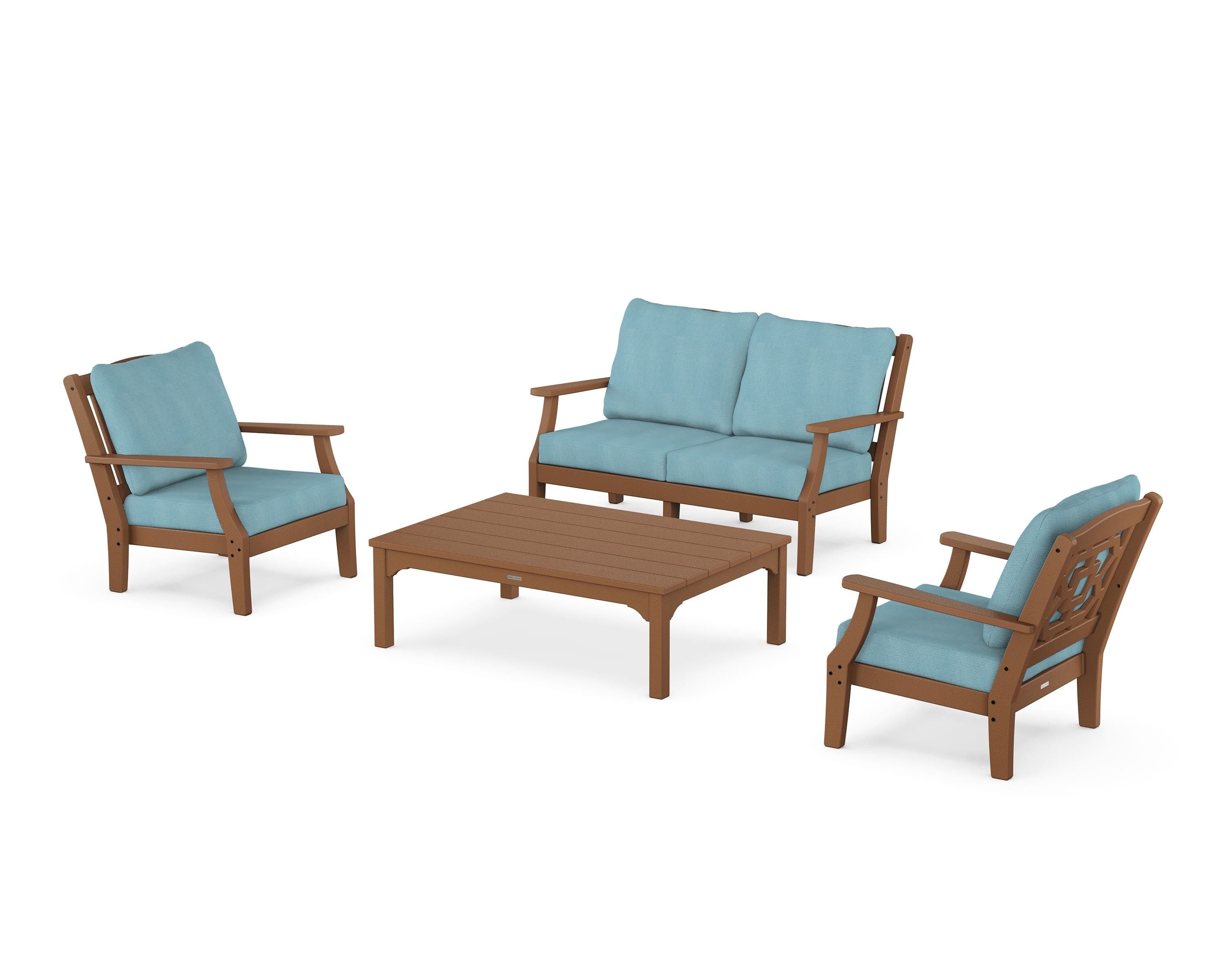 Martha Stewart by POLYWOOD® Chinoiserie 4-Piece Deep Seating Set with Loveseat in Teak / Lattice Sky Blue