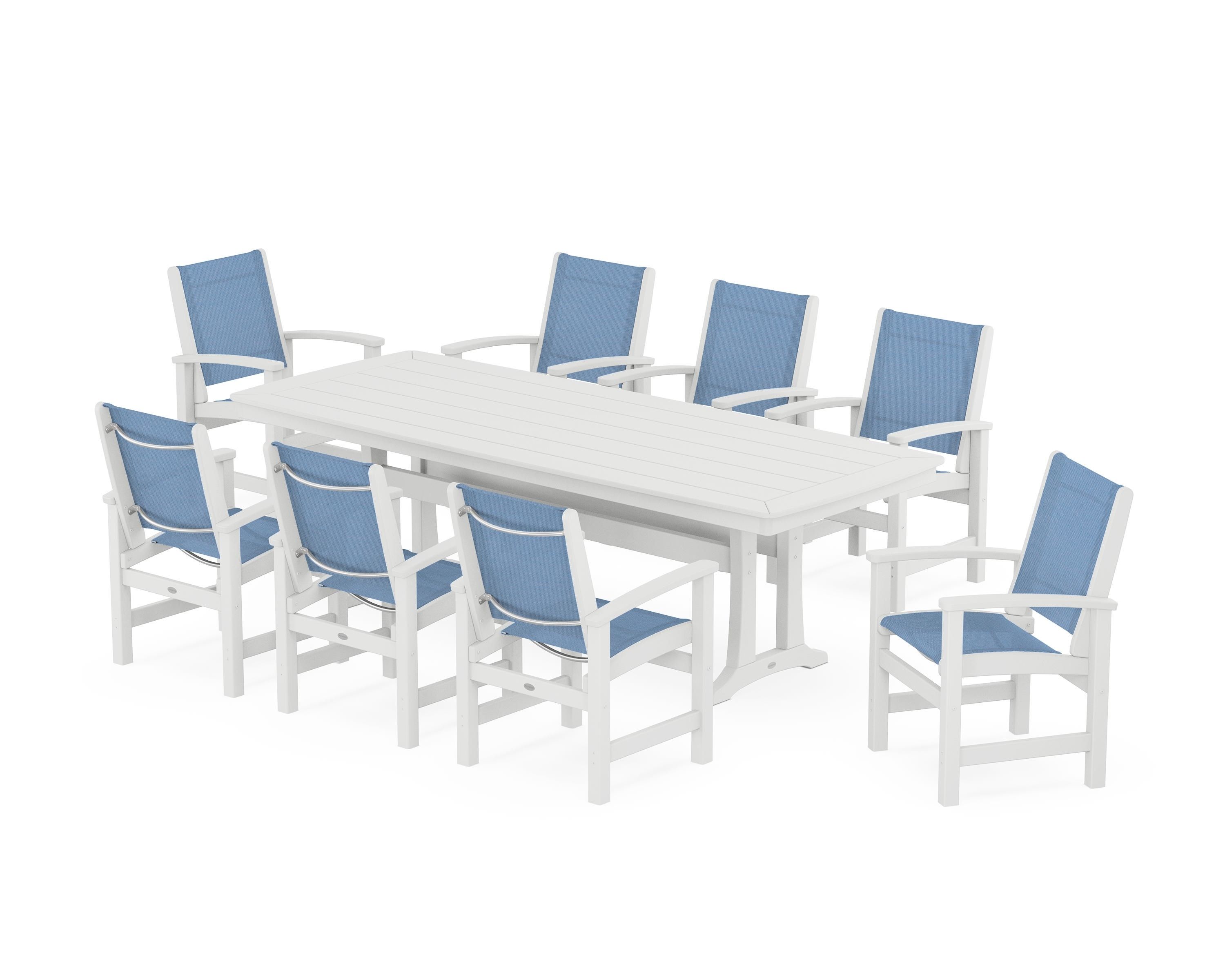 POLYWOOD® Coastal 9-Piece Dining Set with Trestle Legs in White / Poolside Sling