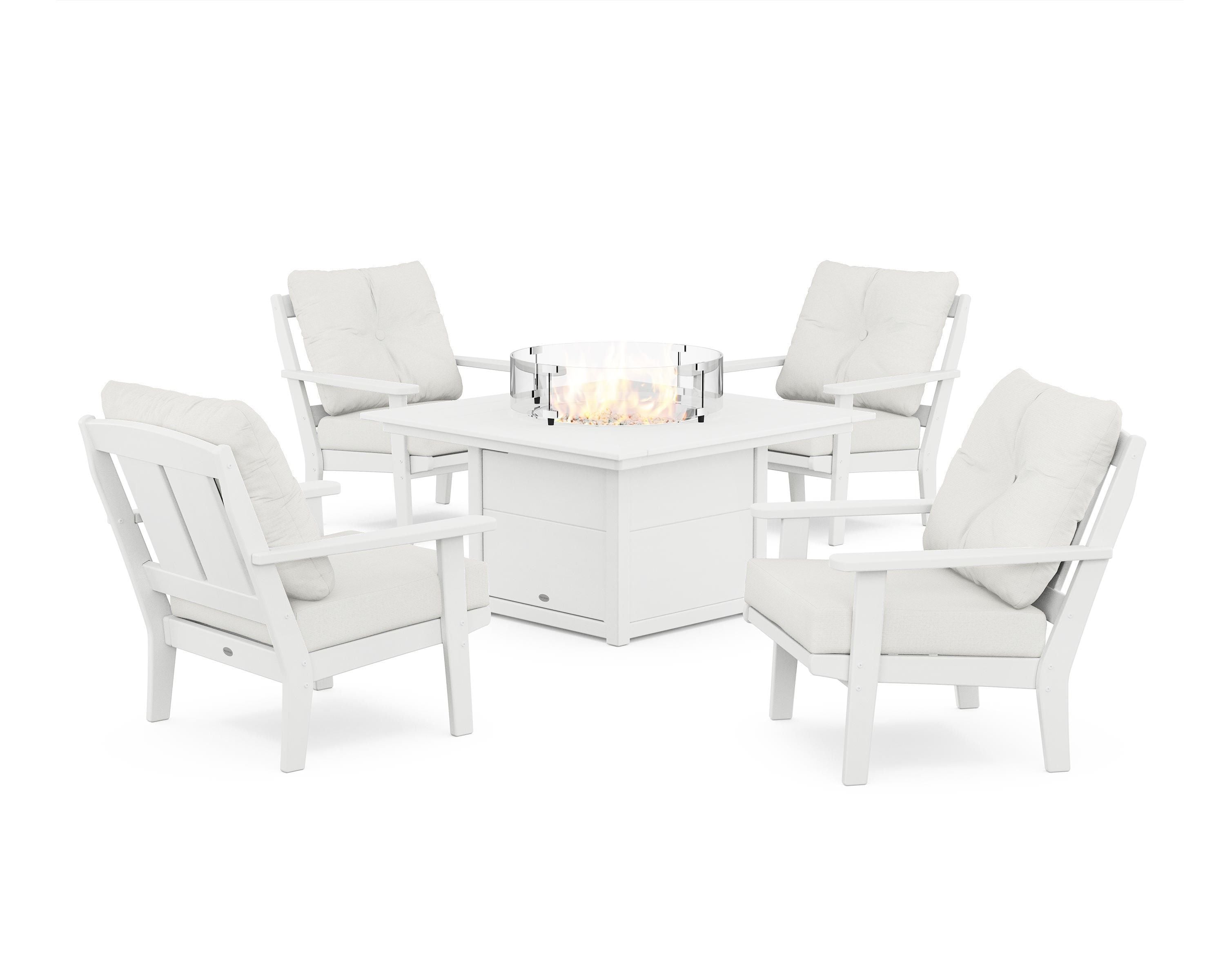 POLYWOOD® Mission 5-Piece Deep Seating Set with Fire Pit Table in White / Natural Linen