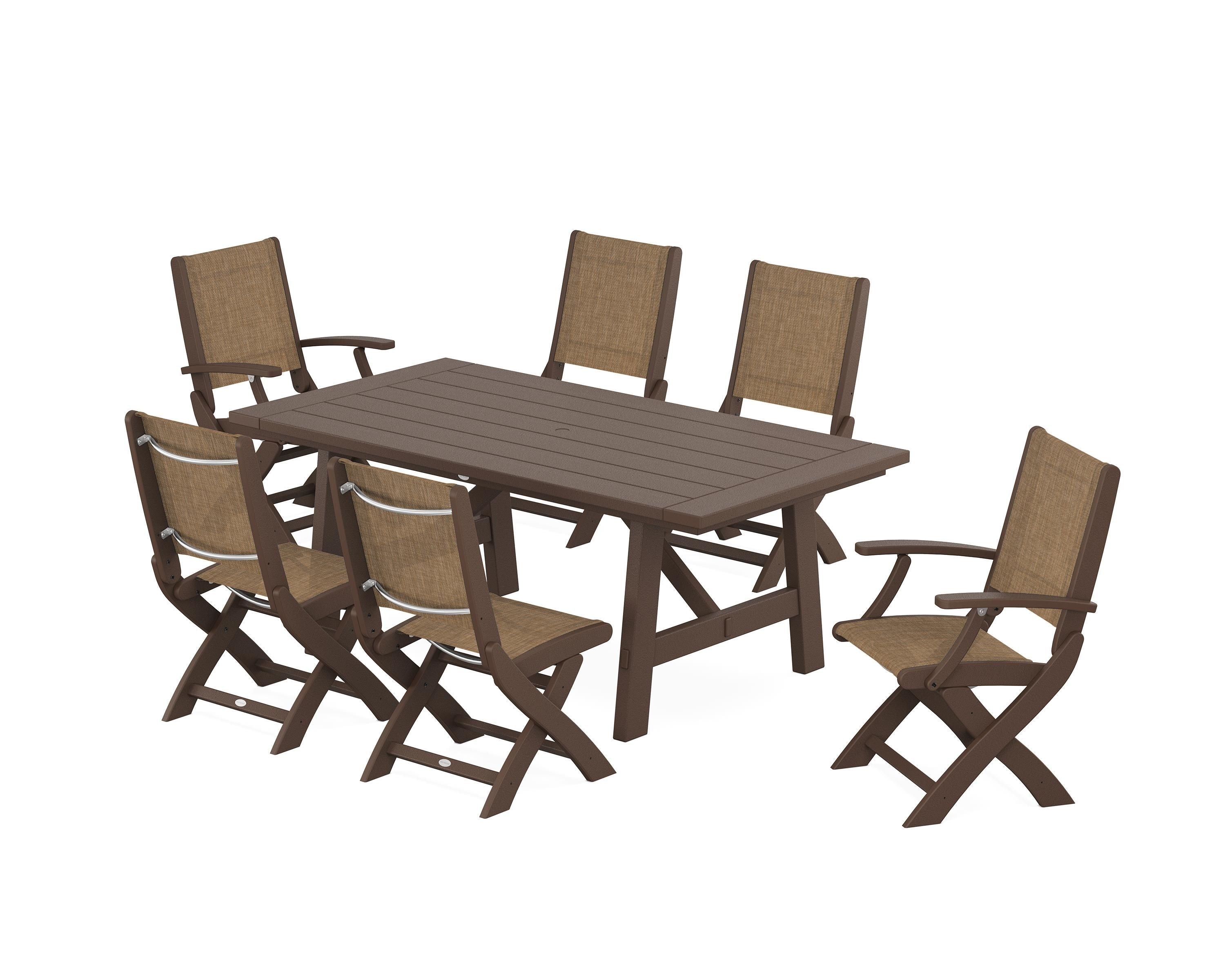 POLYWOOD® Coastal Folding Chair 7-Piece Rustic Farmhouse Dining Set in Mahogany / Burlap Sling