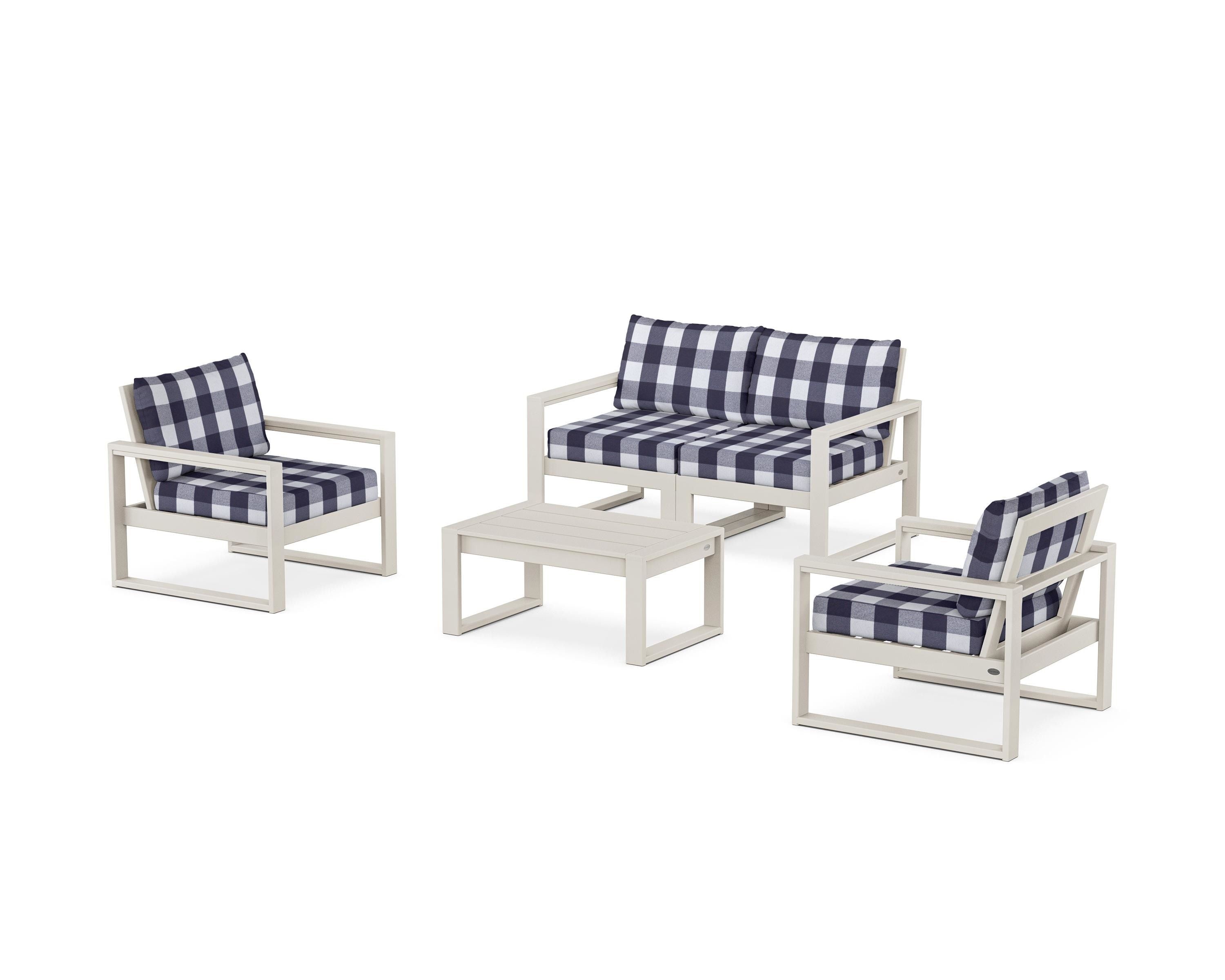 POLYWOOD® EDGE Sectional 4-Piece Deep Seating Set with Loveseat in Sand / Buffalo Plaid Navy