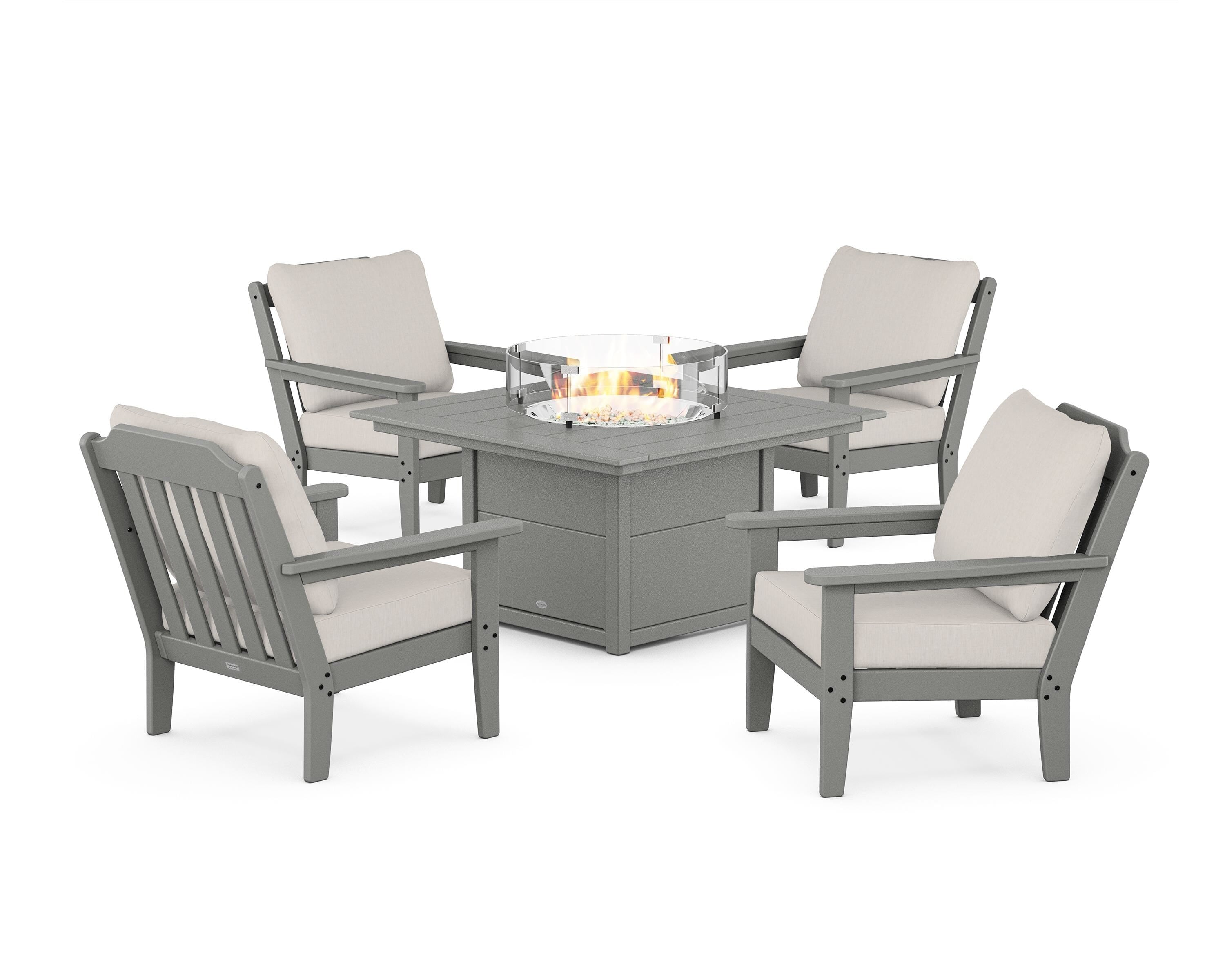 Country Living Cottage 5-Piece Deep Seating Set with Fire Pit Table in Slate Grey / Cast Ash