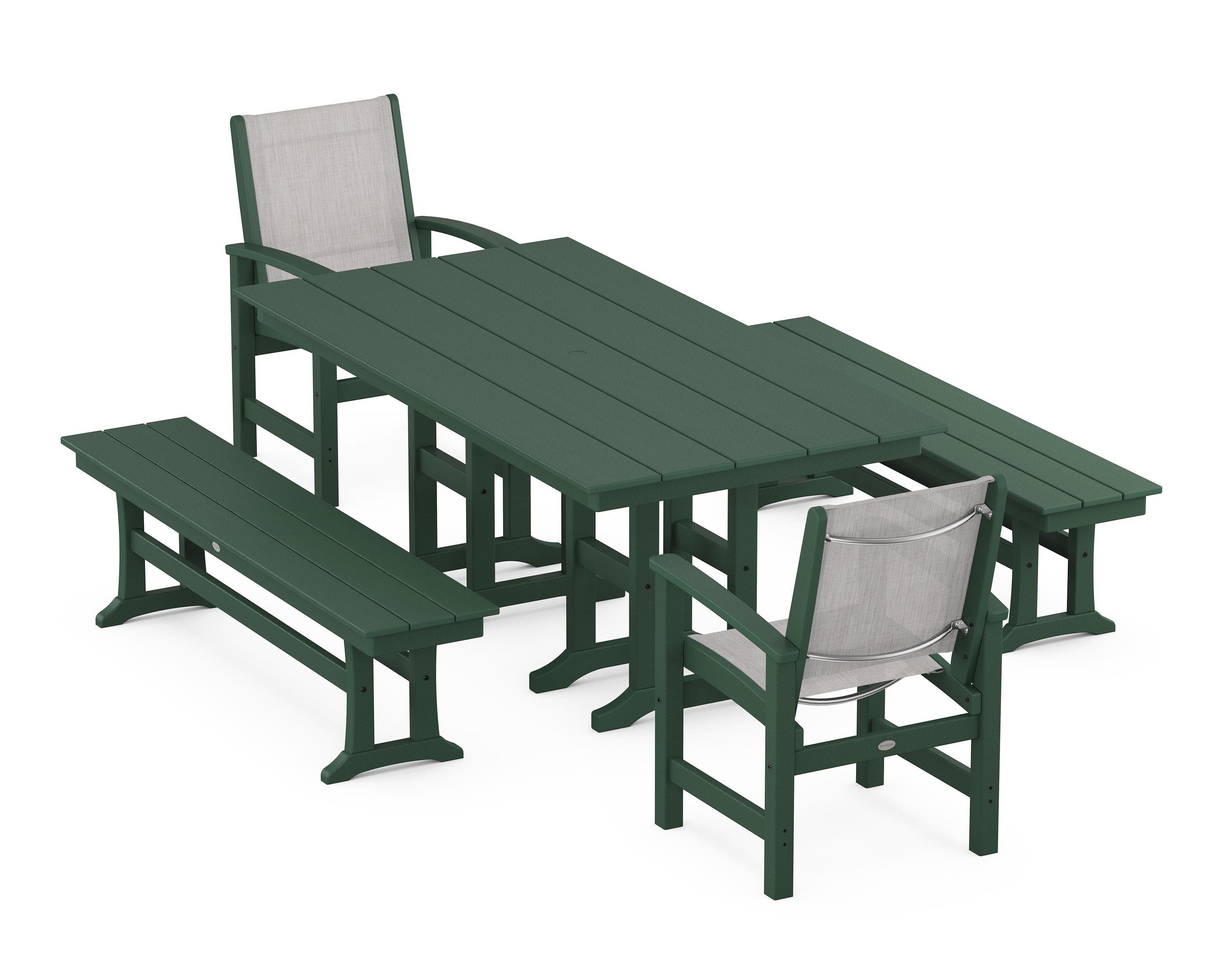 POLYWOOD® Coastal 5-Piece Farmhouse Dining Set in Green / Parchment Sling