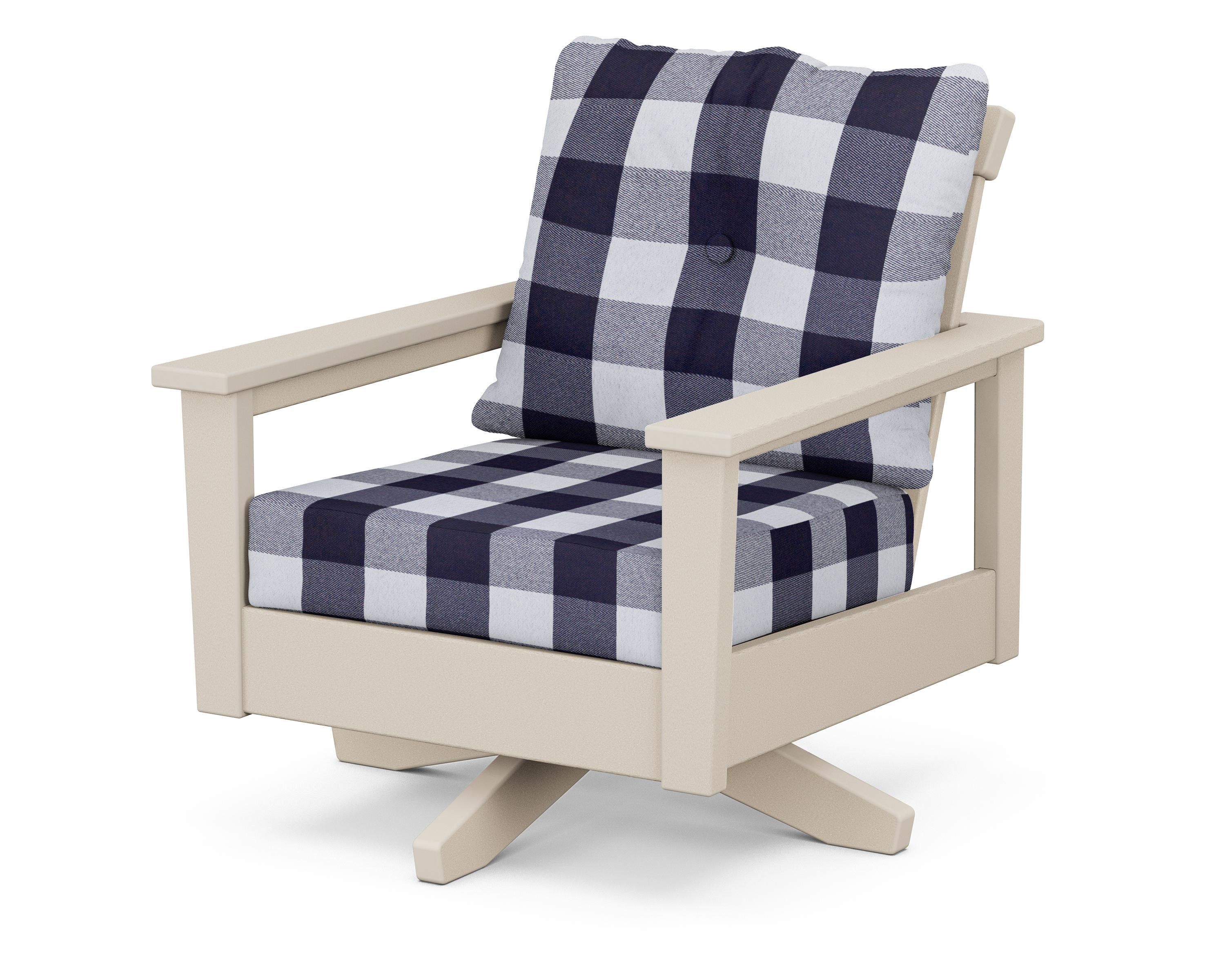 POLYWOOD® Prescott Deep Seating Swivel Chair in Sand / Buffalo Plaid Navy