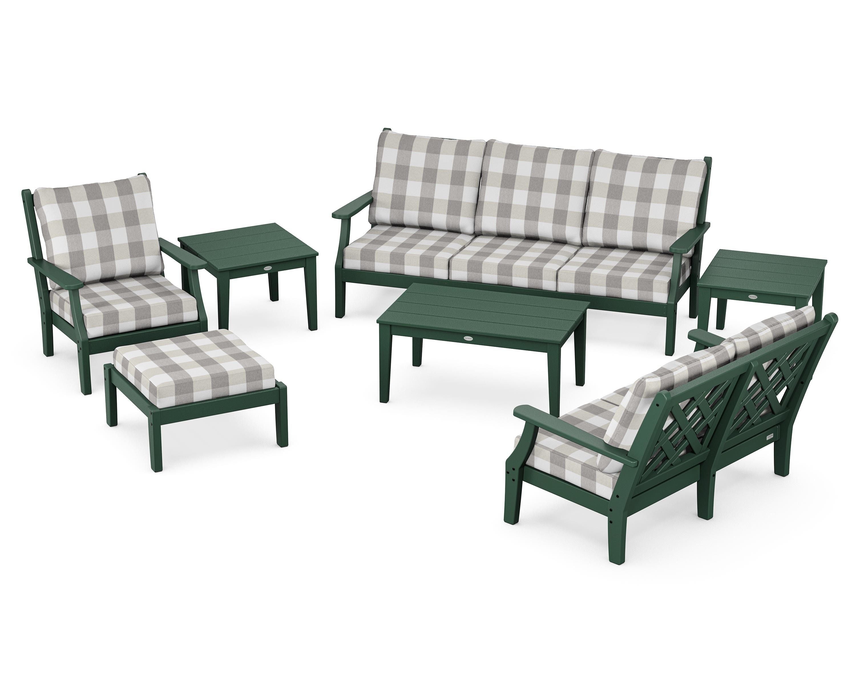 Country Living Wovendale 7-Piece Deep Seating Set in Green / Buffalo Plaid Grey Mist