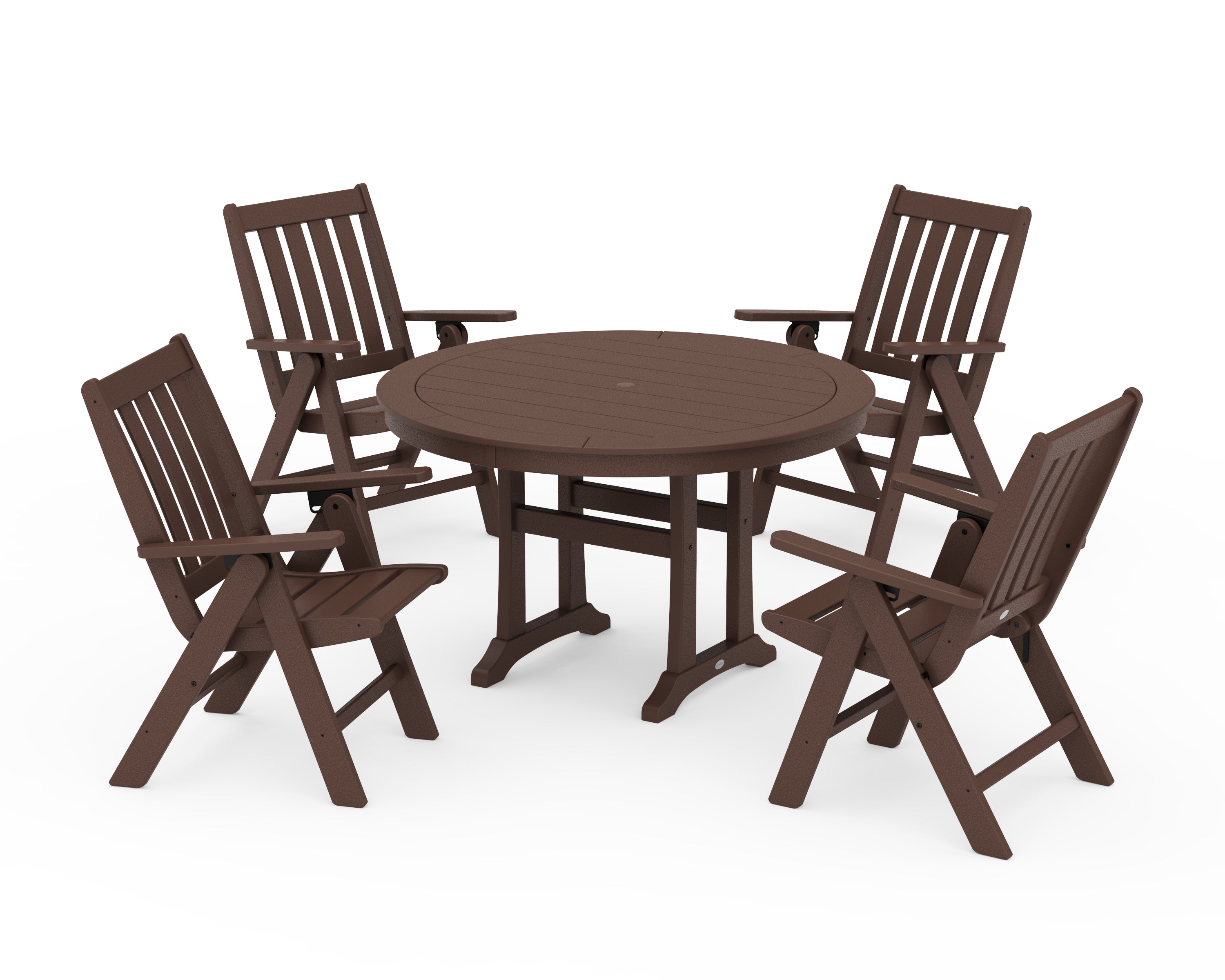 POLYWOOD® Vineyard Folding Chair 5-Piece Round Dining Set with Trestle Legs in Mahogany