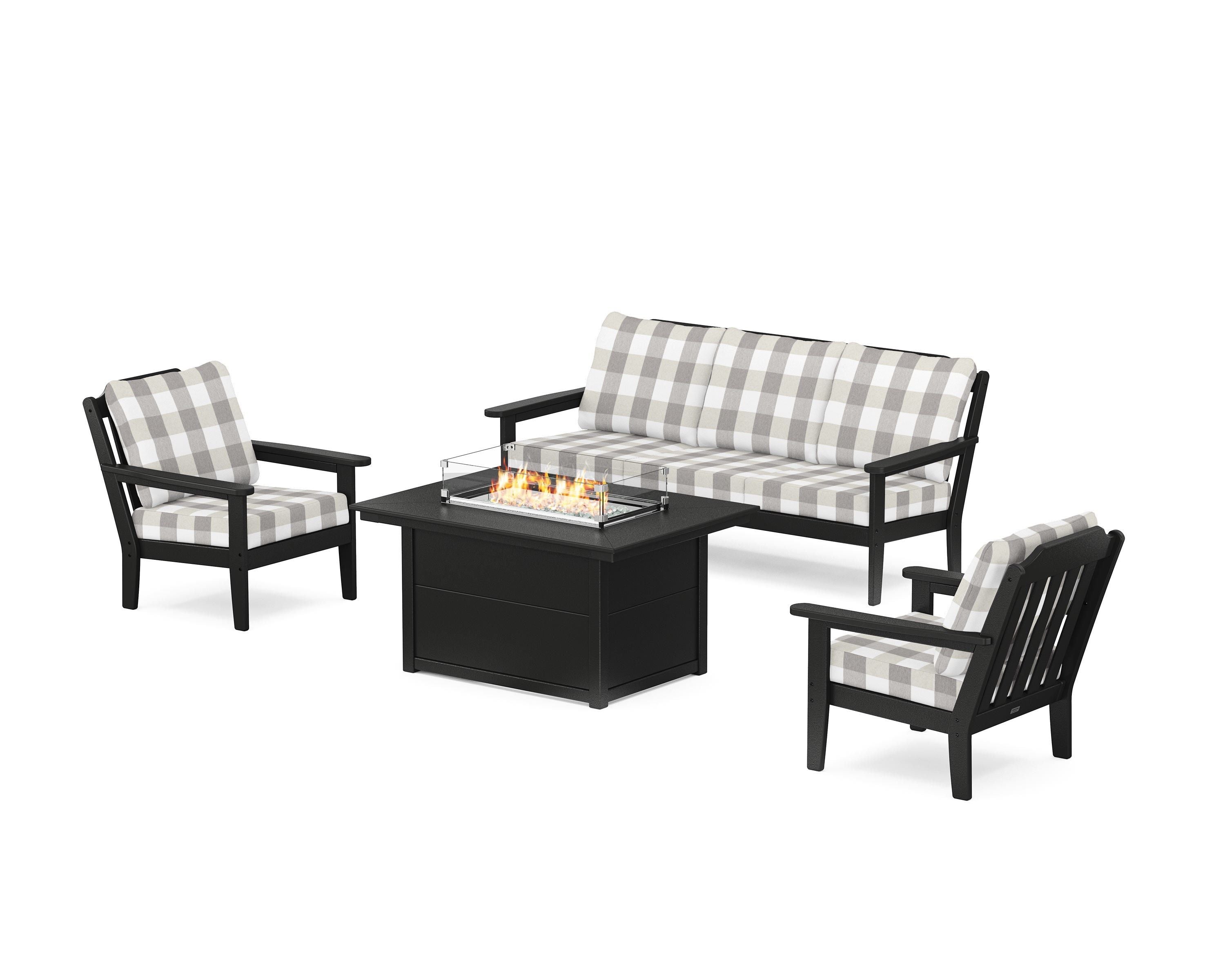 Country Living Cottage Deep Seating Fire Pit Table Set in Black / Buffalo Plaid Grey Mist