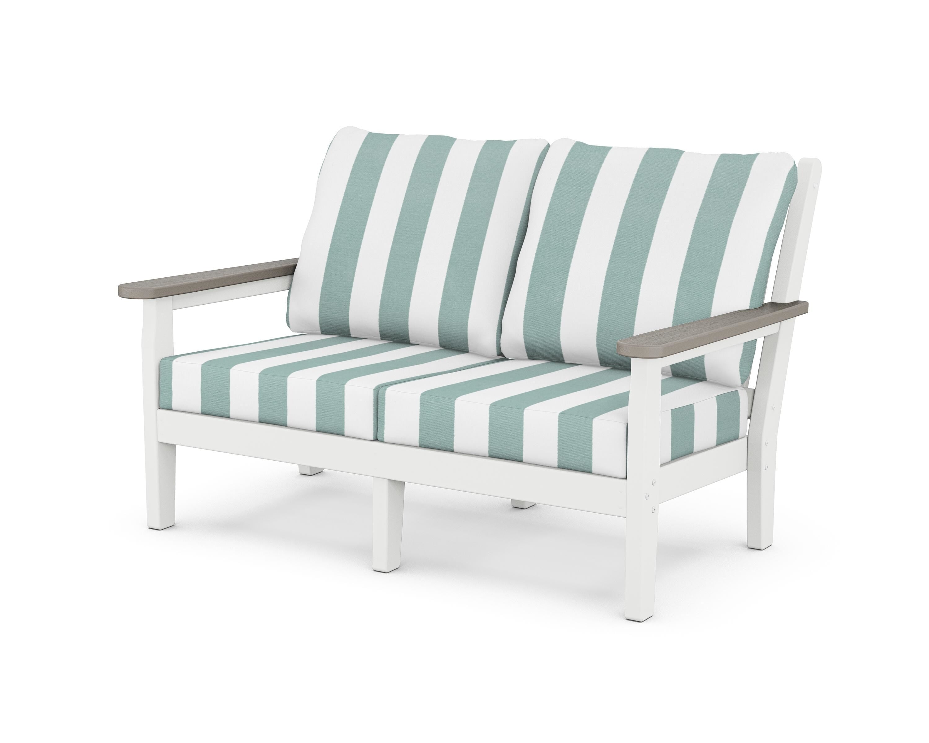 POLYWOOD® Chippendale Deep Seating Loveseat in White / Driftwood / Cabana Stripe Glacier Spa