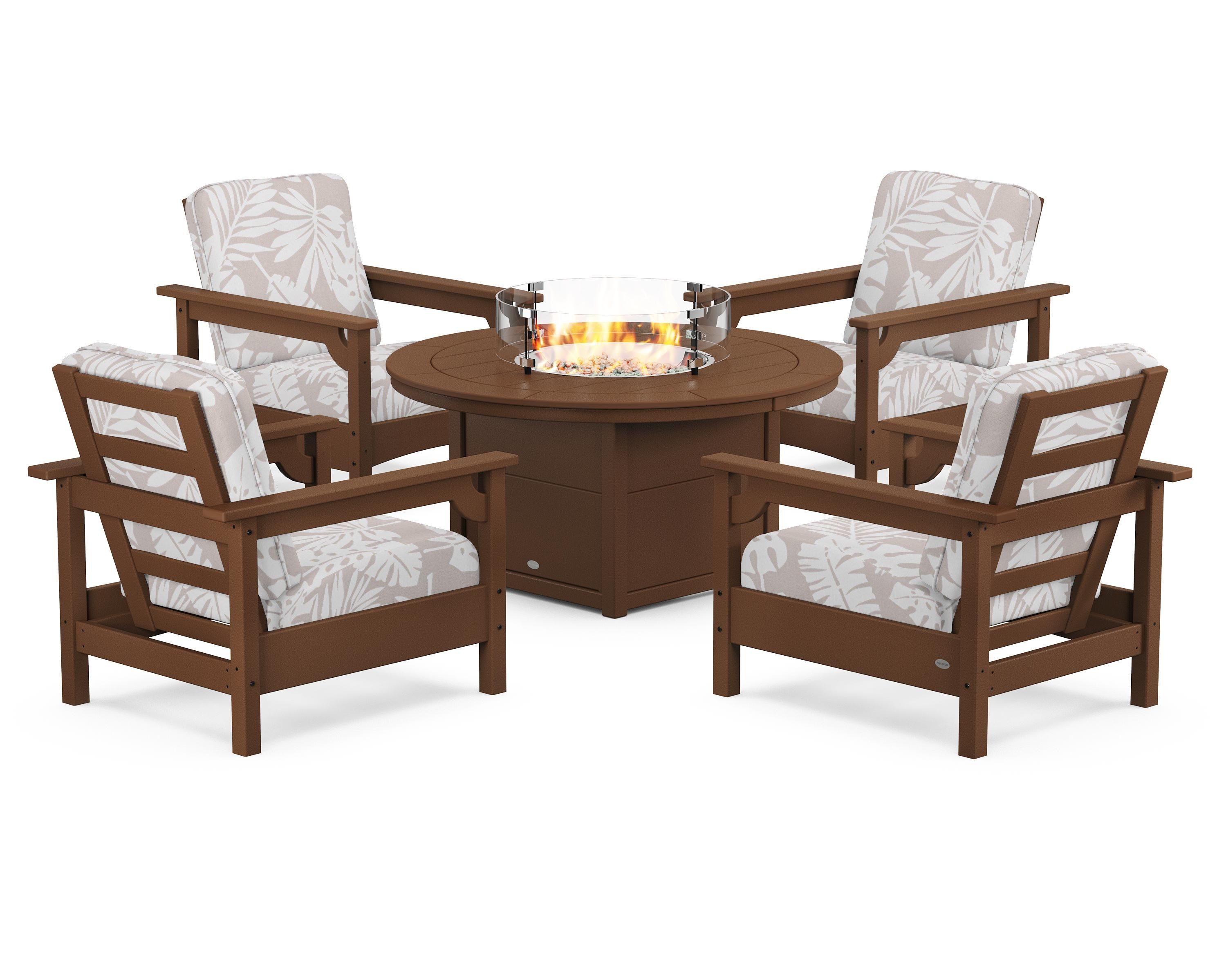 POLYWOOD® Club 5-Piece Conversation Set with Fire Pit Table in Teak / Leaf Dune Burlap