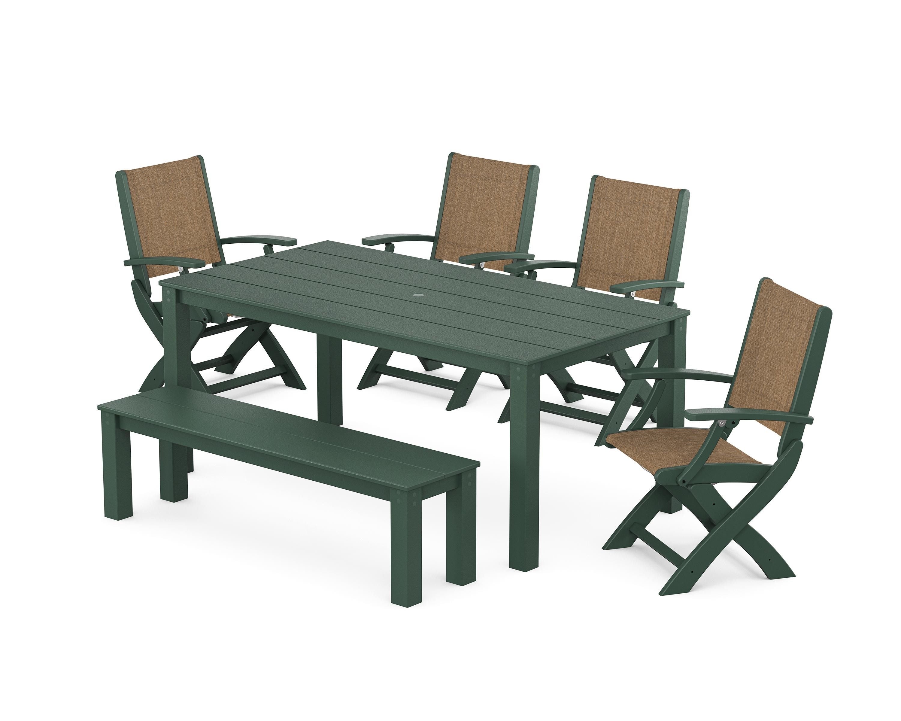 POLYWOOD® Coastal Folding Chair 6-Piece Parsons Dining Set with Bench in Green / Burlap Sling