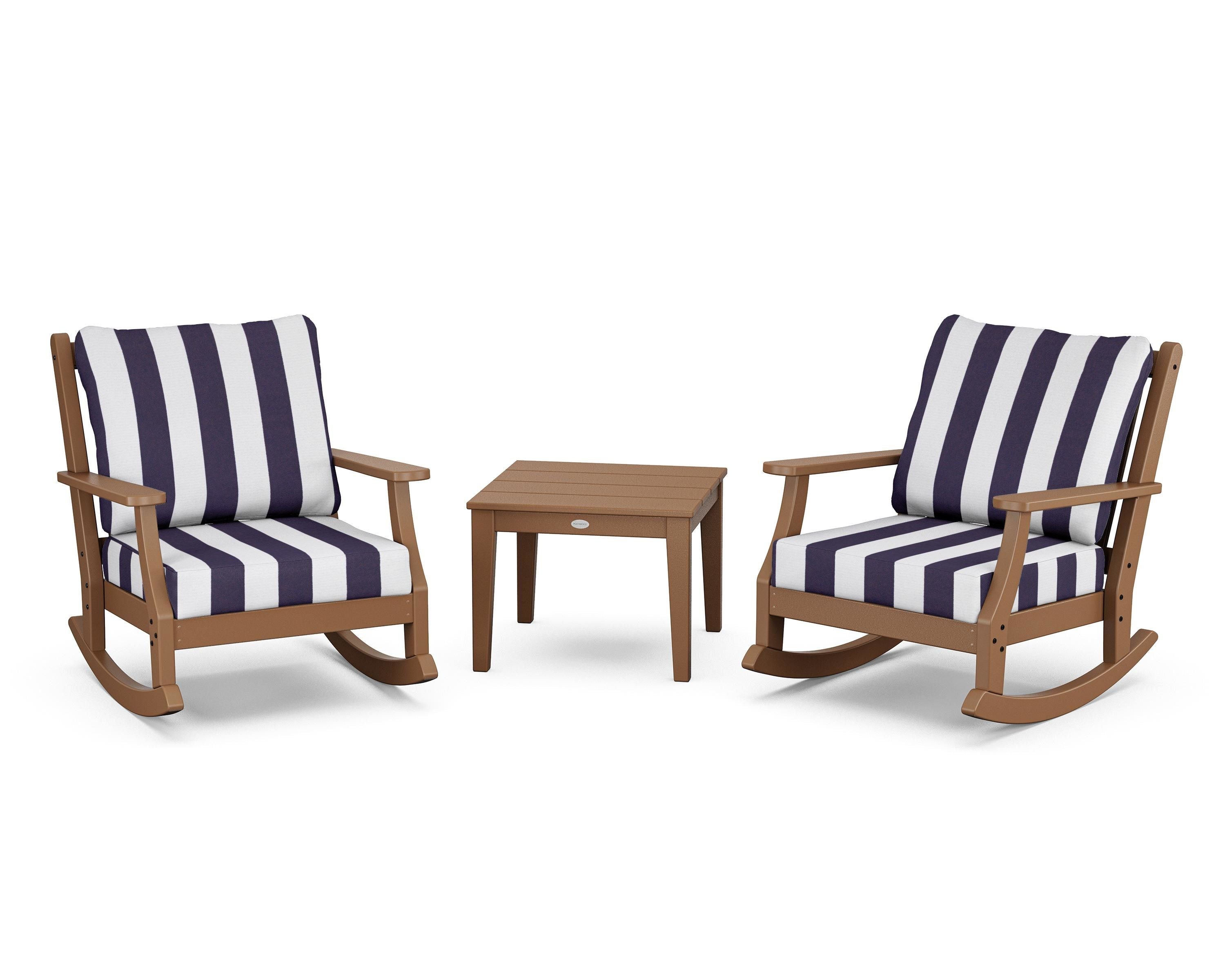 Country Living Wovendale 3-Piece Deep Seating Rocker Set in Teak / Cabana Stripe Navy