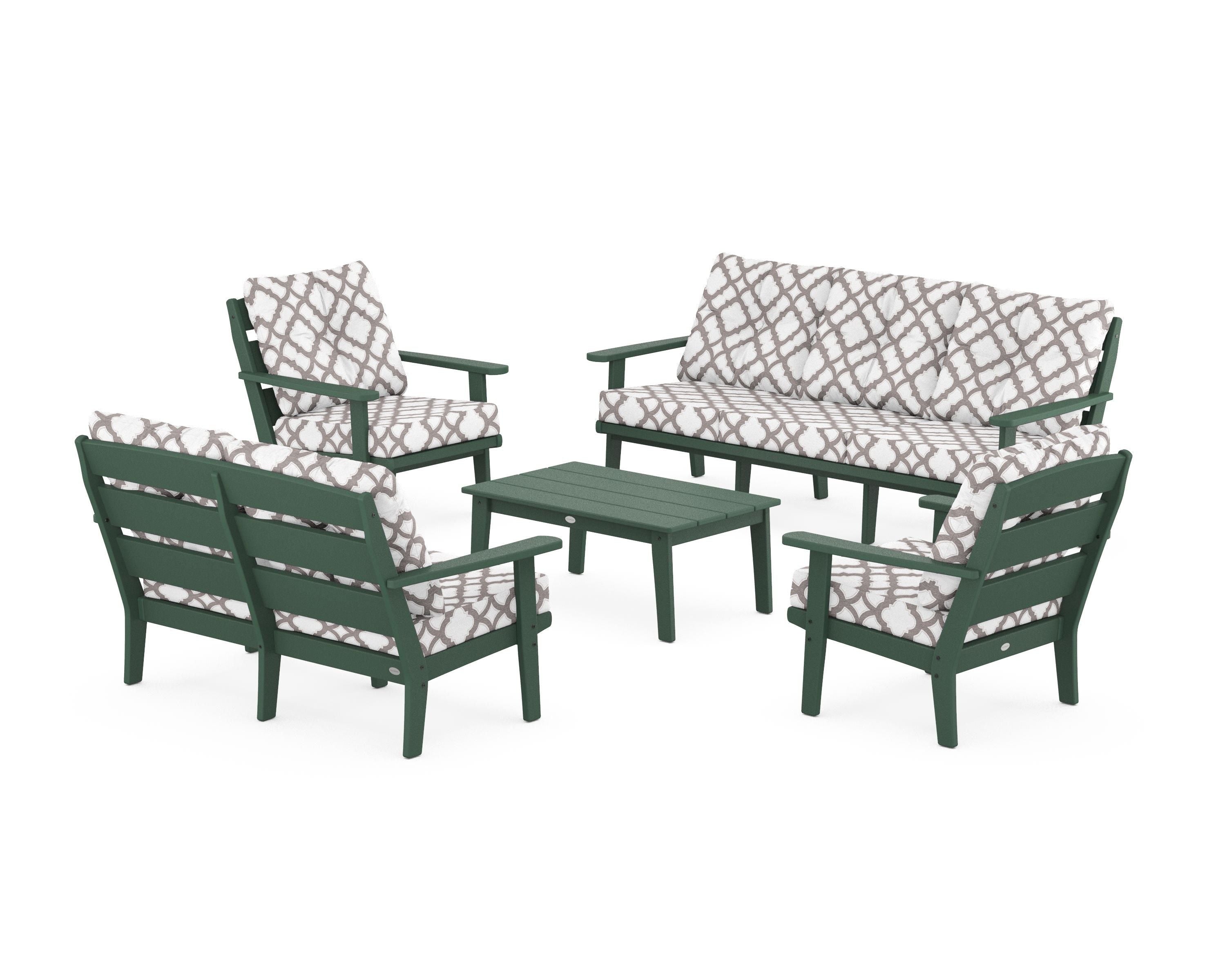POLYWOOD® Lakeside 5-Piece Lounge Sofa Set in Green / Trellis Grey Mist