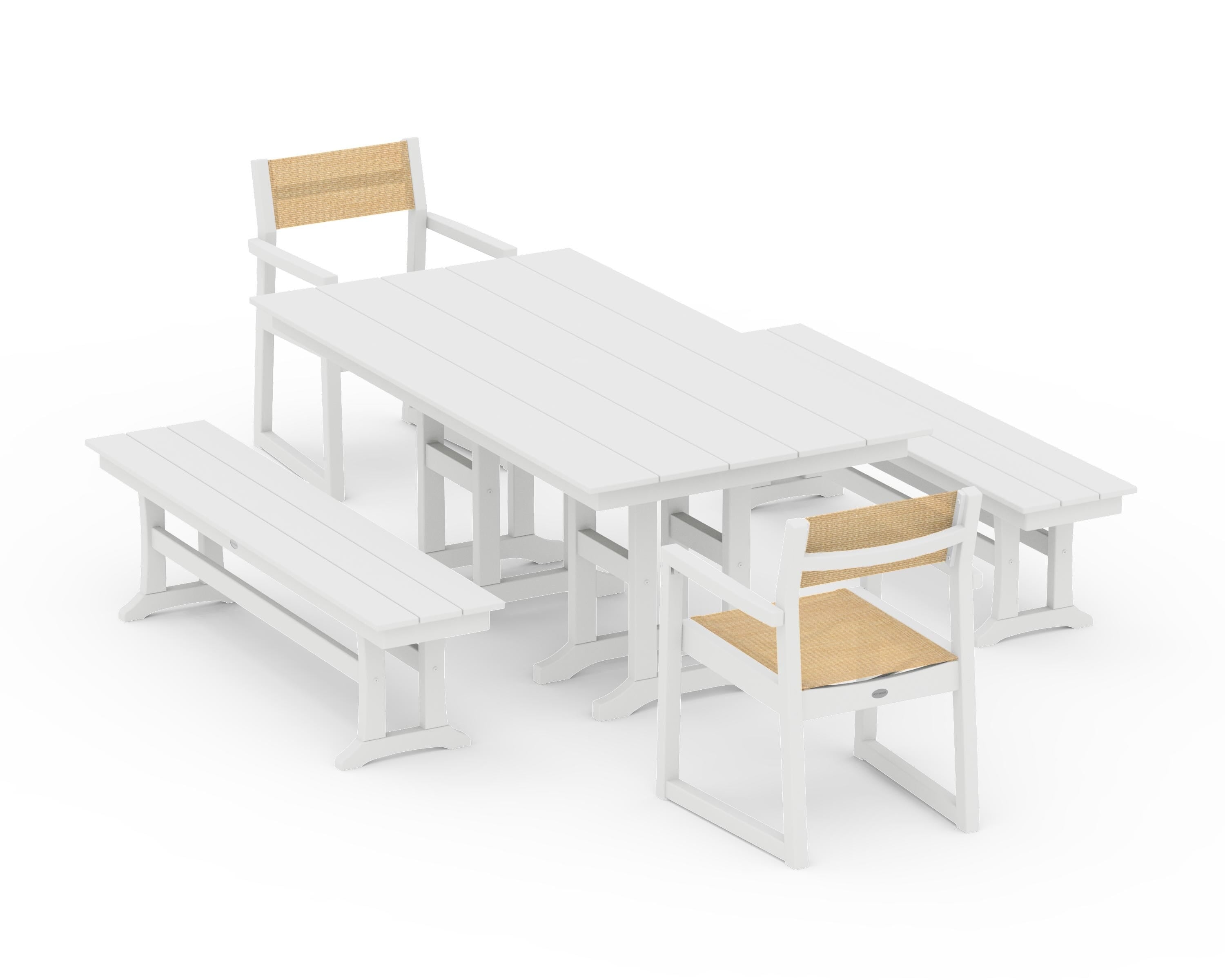 POLYWOOD® EDGE Sling Arm Chair 5-Piece Farmhouse Dining Set with Benches in White / Dupioni Apricot Sling