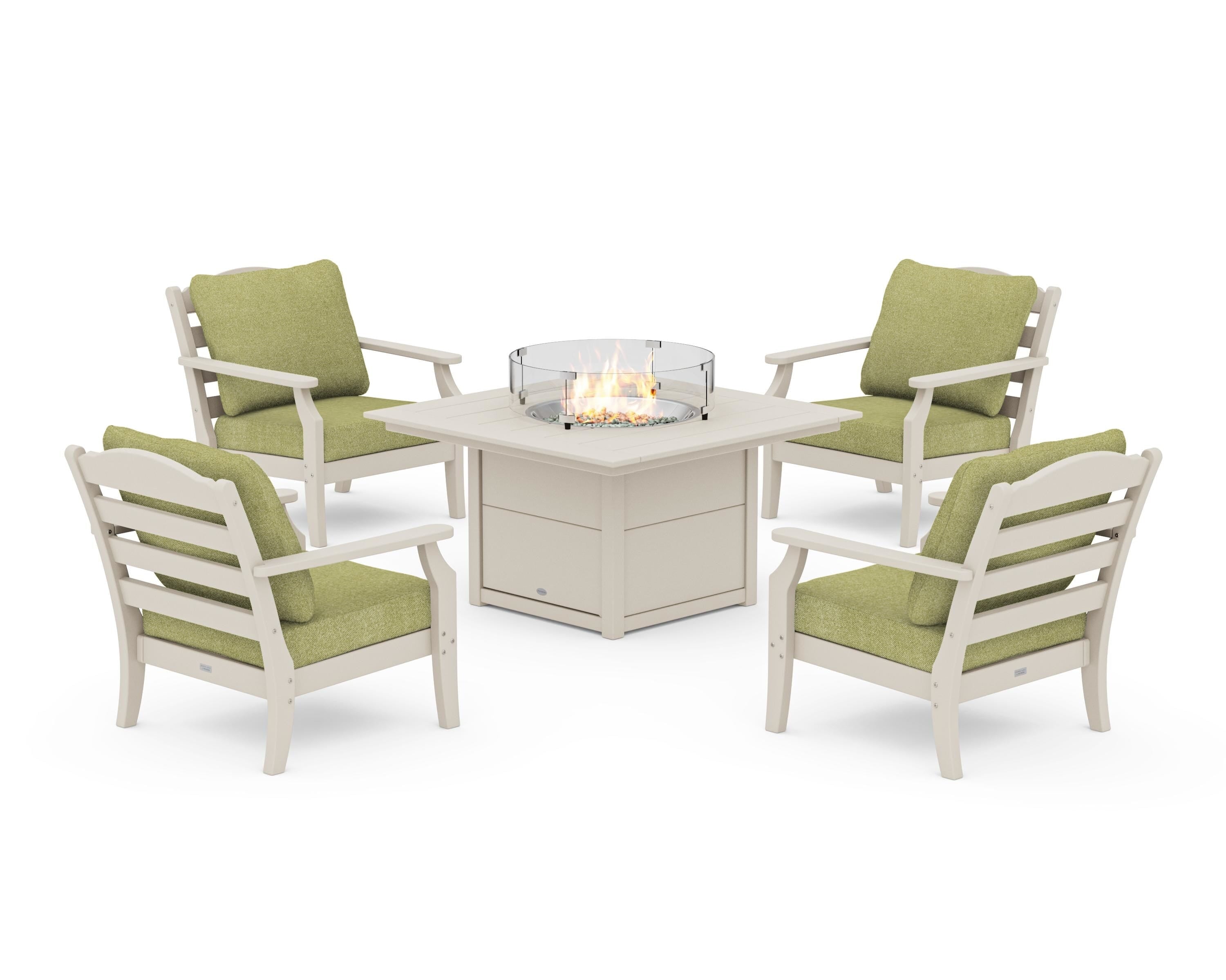 Draper James™ by POLYWOOD® Savannah 5-Piece Deep Seating Set with Fire Pit Table in Sand / Chartreuse Boucle