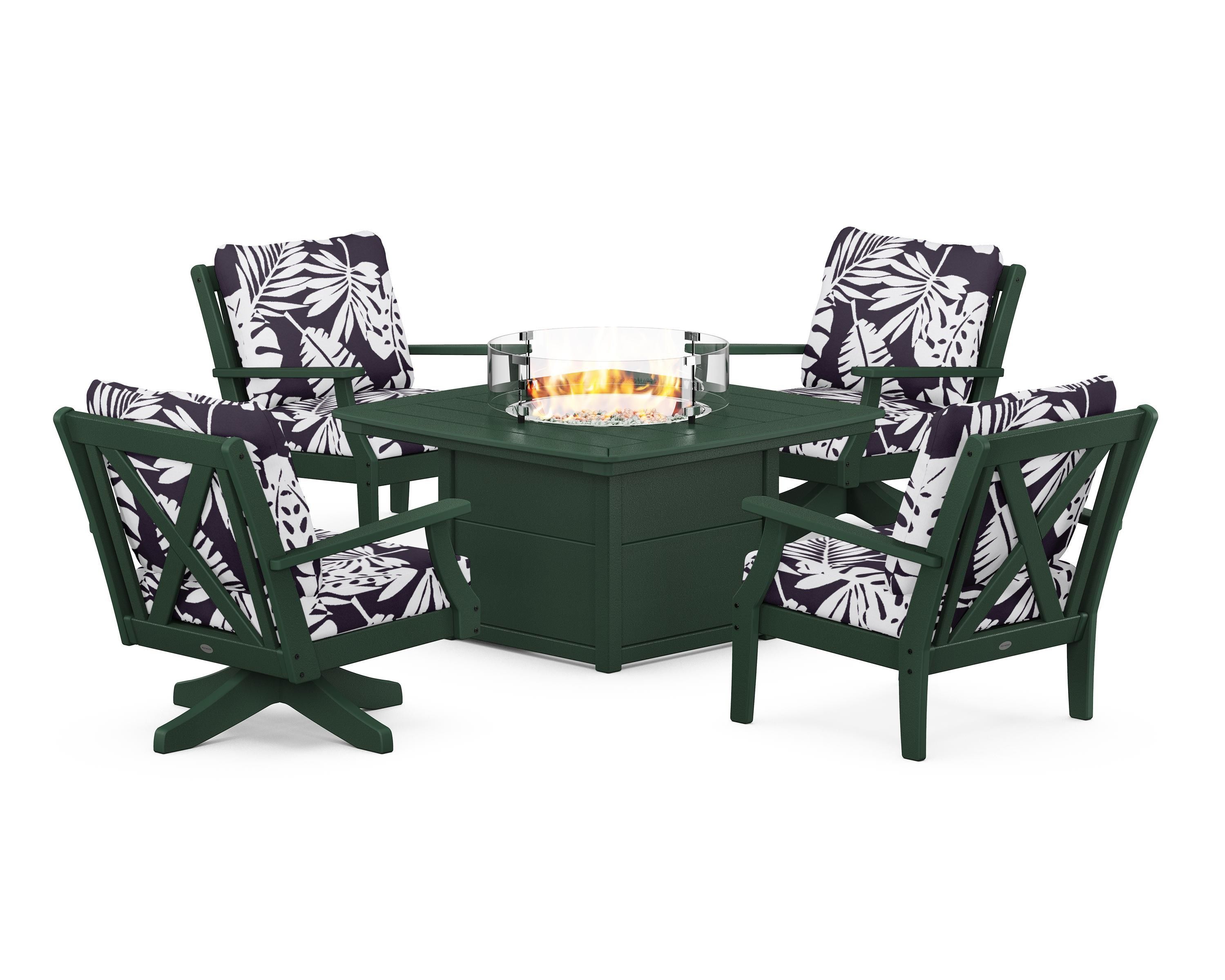POLYWOOD® Braxton 5-Piece Deep Seating Set with Fire Table in Green / Leaf Navy
