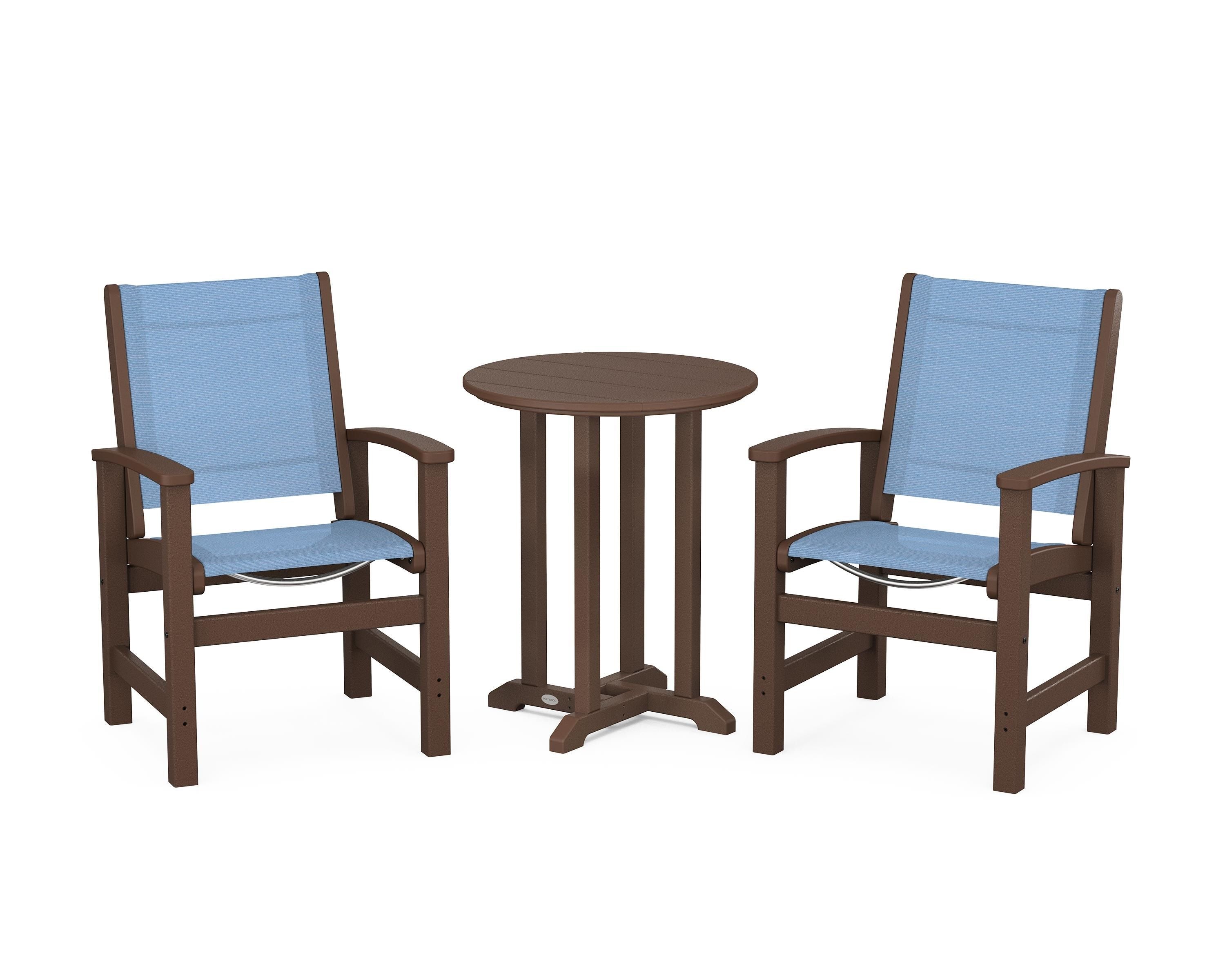 POLYWOOD® Coastal 3-Piece Round Bistro Dining Set in Mahogany / Poolside Sling
