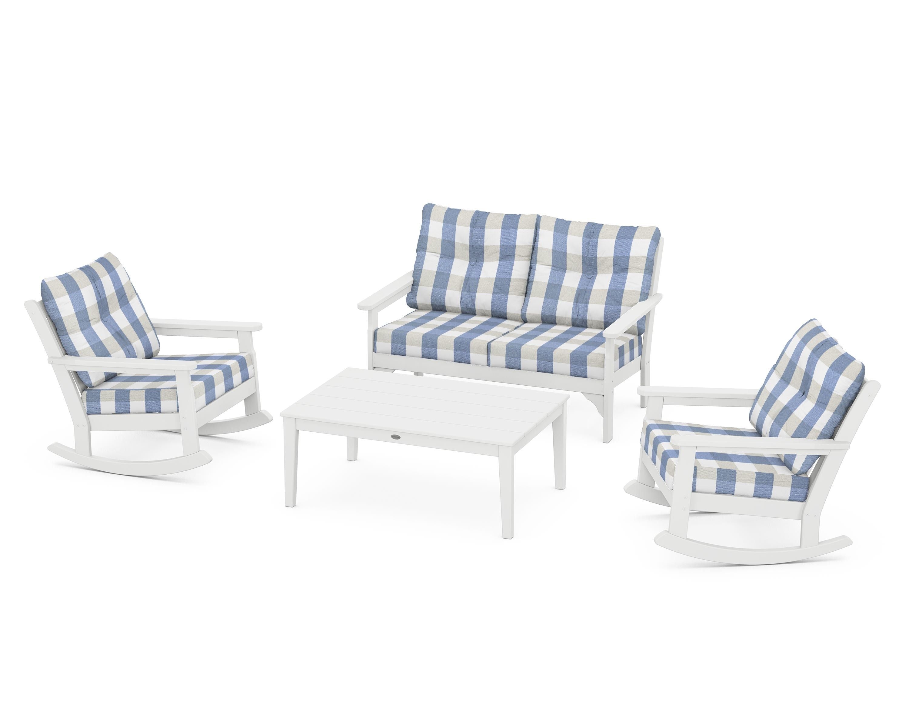 POLYWOOD® Vineyard 4-Piece Deep Seating Rocking Chair Set in White / Buffalo Plaid Sky Blue