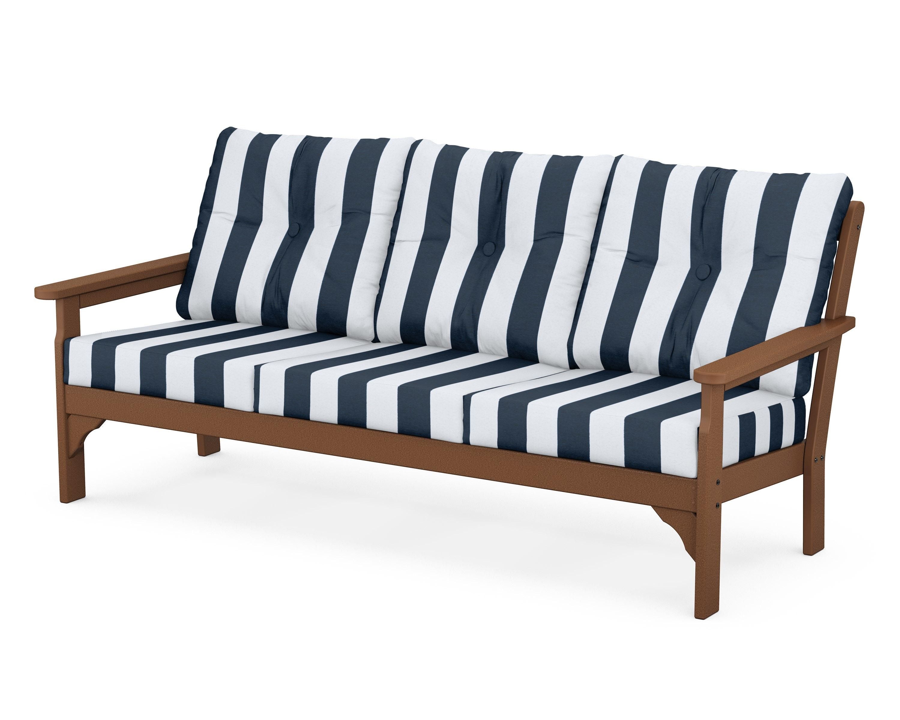 POLYWOOD® Vineyard Deep Seating Sofa in Teak / Cabana Stripe Marine Indigo
