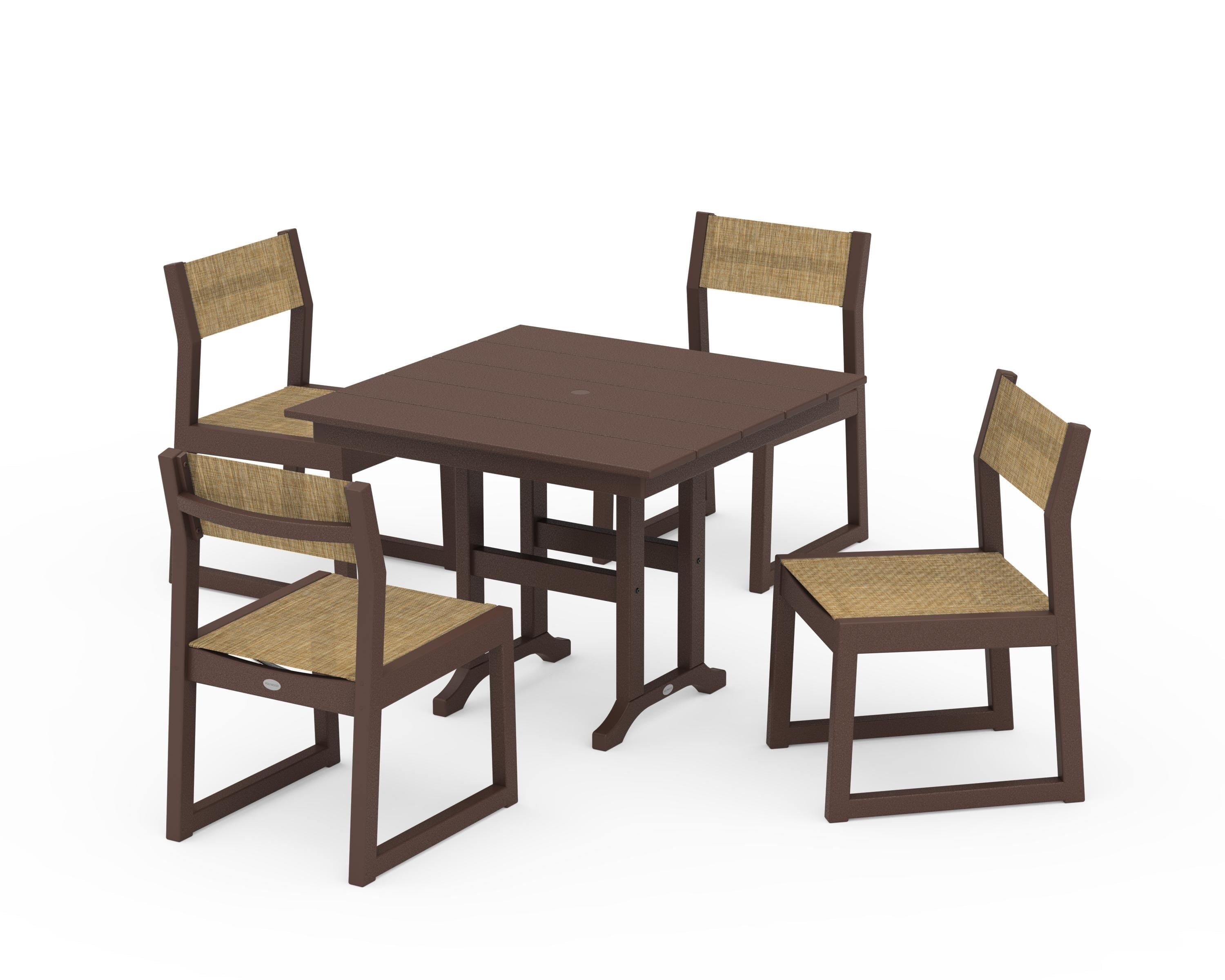 POLYWOOD® EDGE Sling Side Chair 5-Piece Farmhouse Dining Set in Mahogany / Burlap Sling