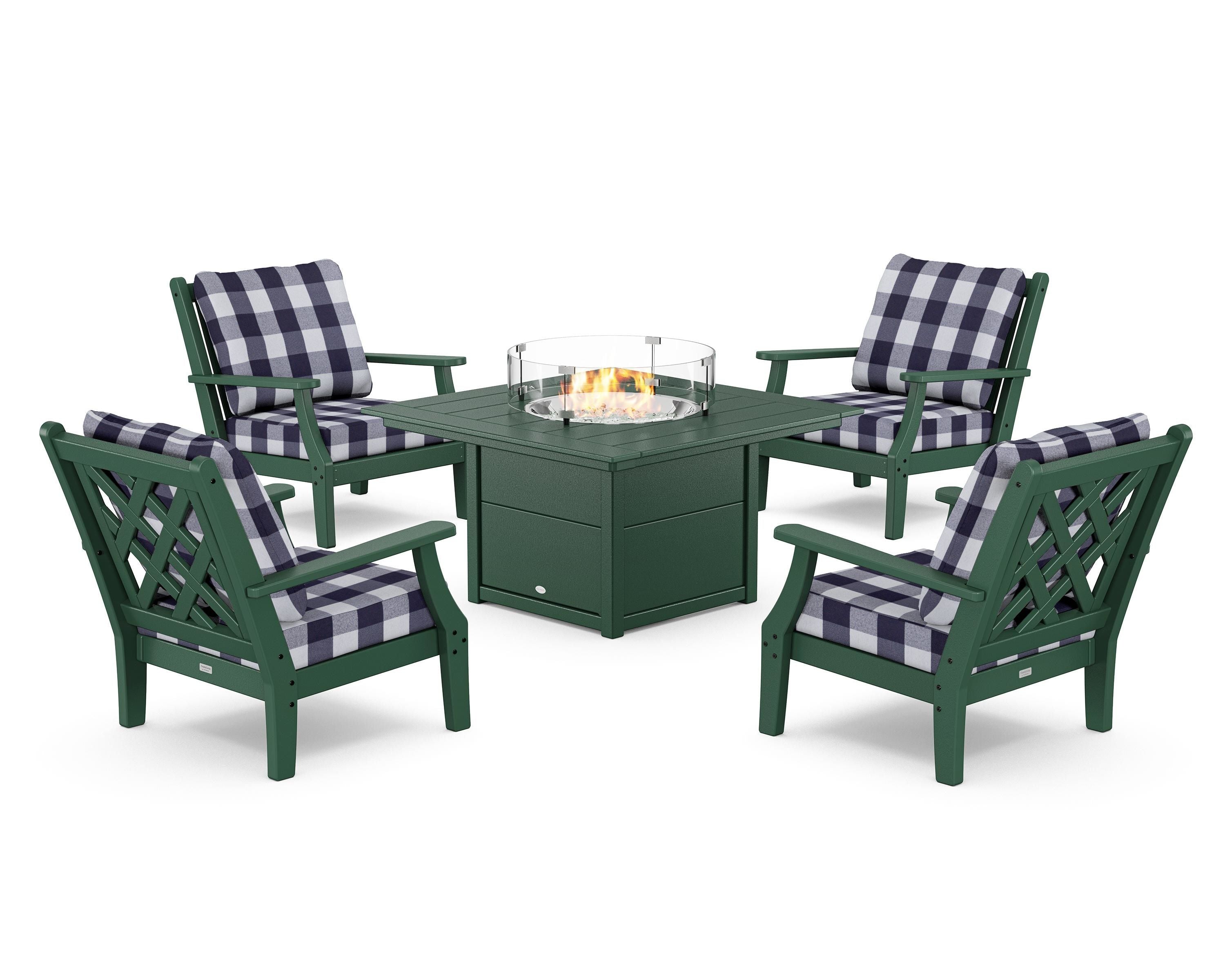 Country Living Wovendale 5-Piece Deep Seating Set with Fire Pit Table in Green / Buffalo Plaid Navy