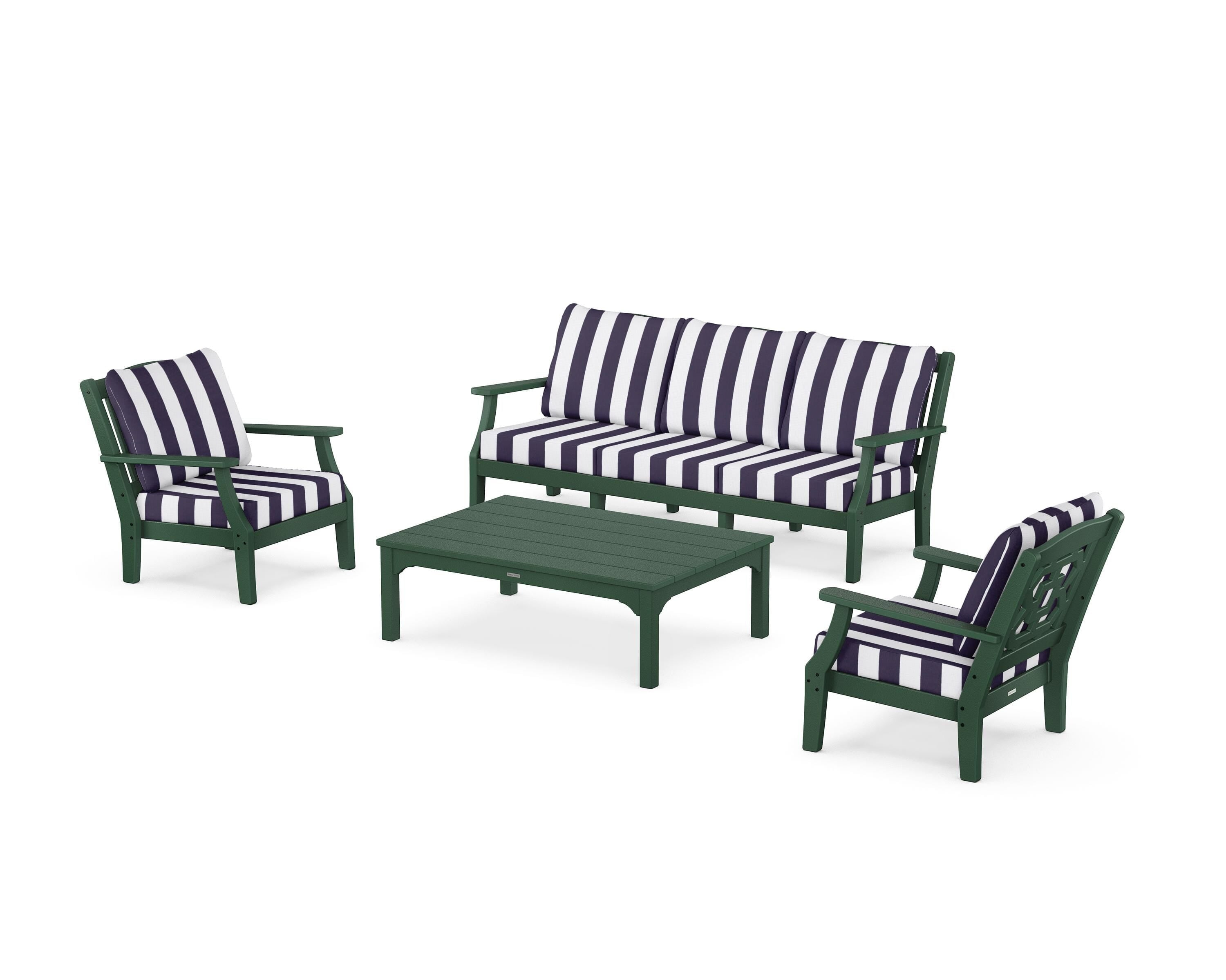 Martha Stewart by POLYWOOD® Chinoiserie 4-Piece Deep Seating Set with Sofa in Green / Cabana Stripe Navy