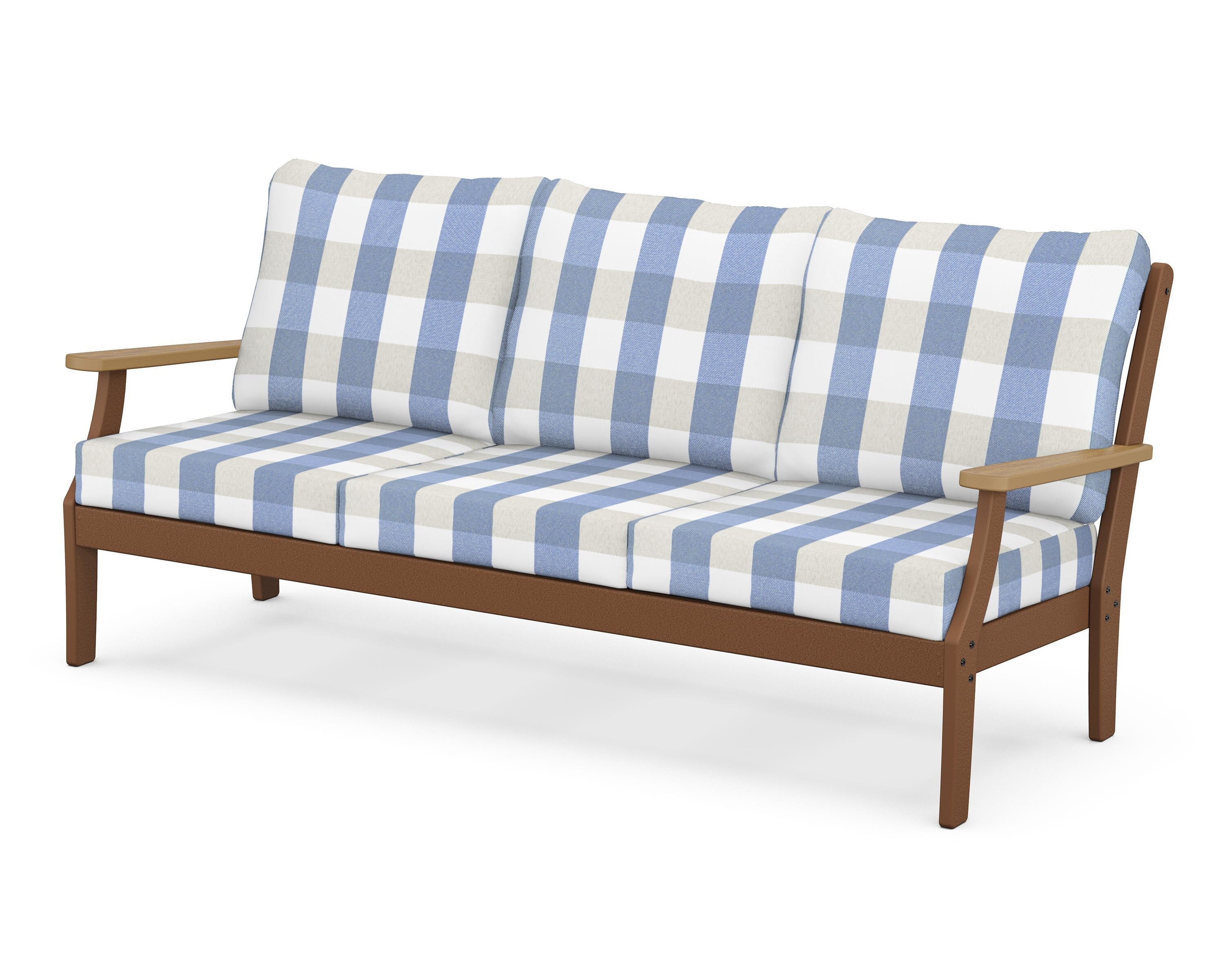 POLYWOOD® Braxton Deep Seating Sofa in Teak / Natural / Buffalo Plaid Sky Blue