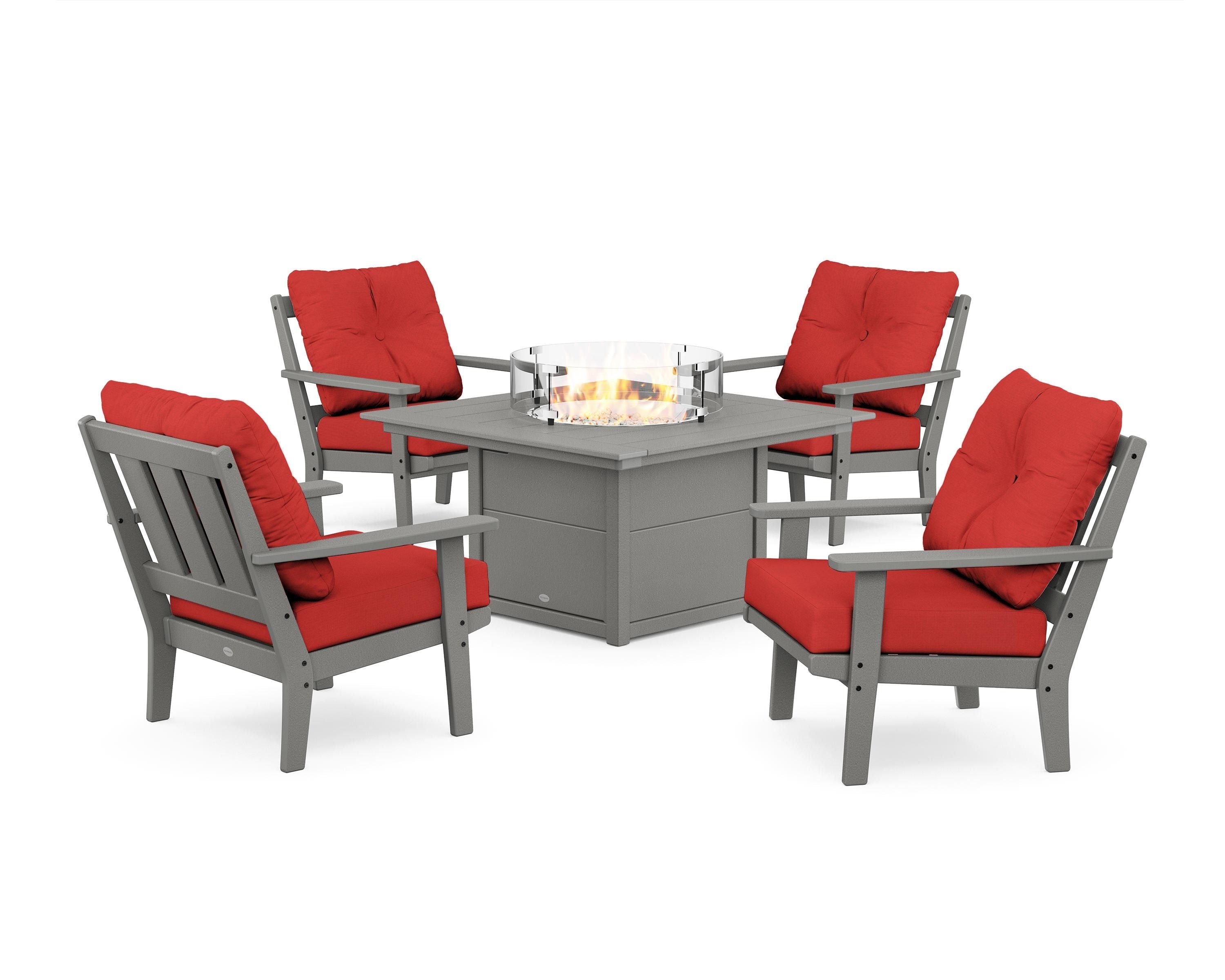 POLYWOOD® Oxford 5-Piece Deep Seating Set with Fire Pit Table in Slate Grey / Crimson Linen
