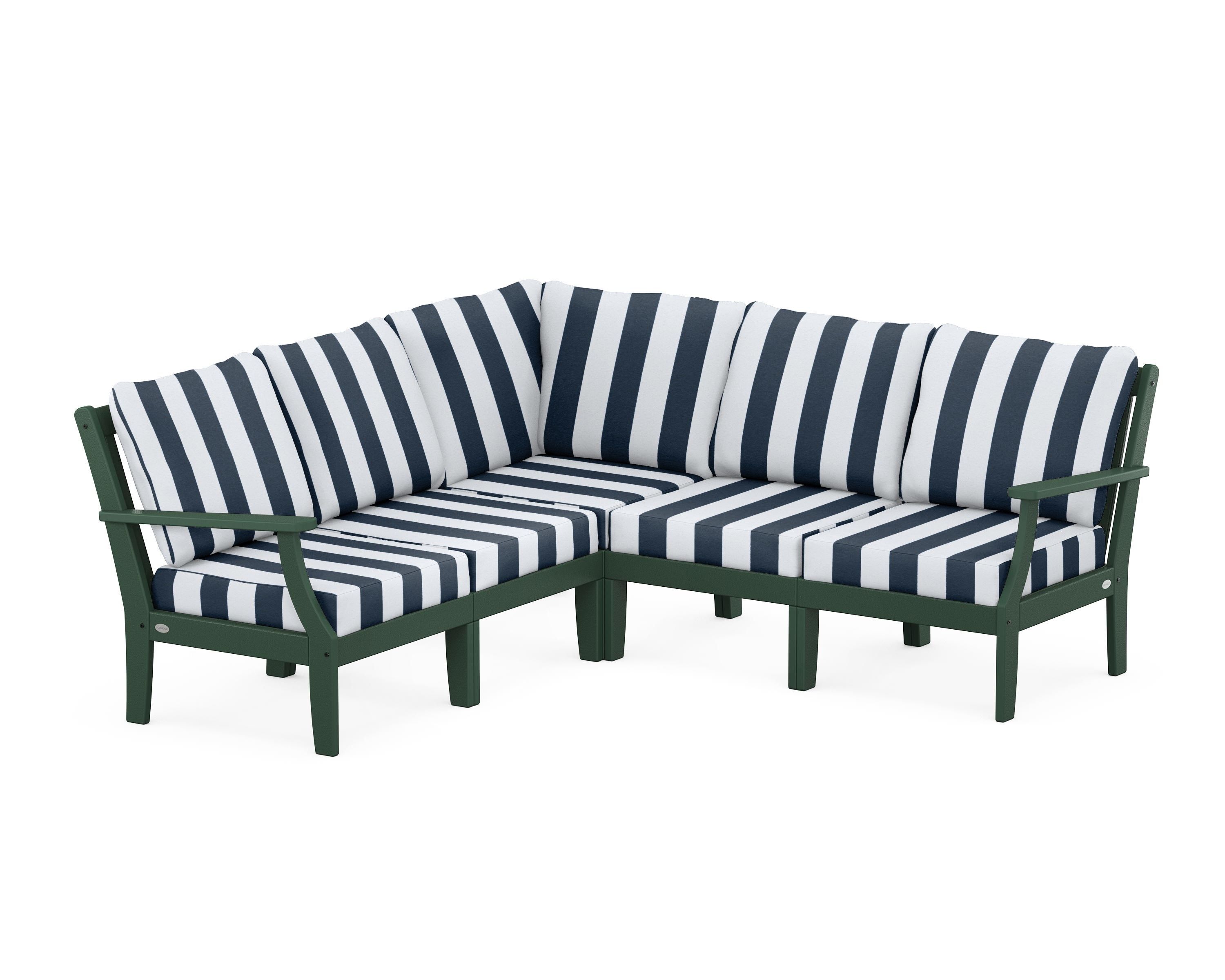 POLYWOOD® Braxton Modular 5-Piece Deep Seating Set in Green / Cabana Stripe Marine Indigo