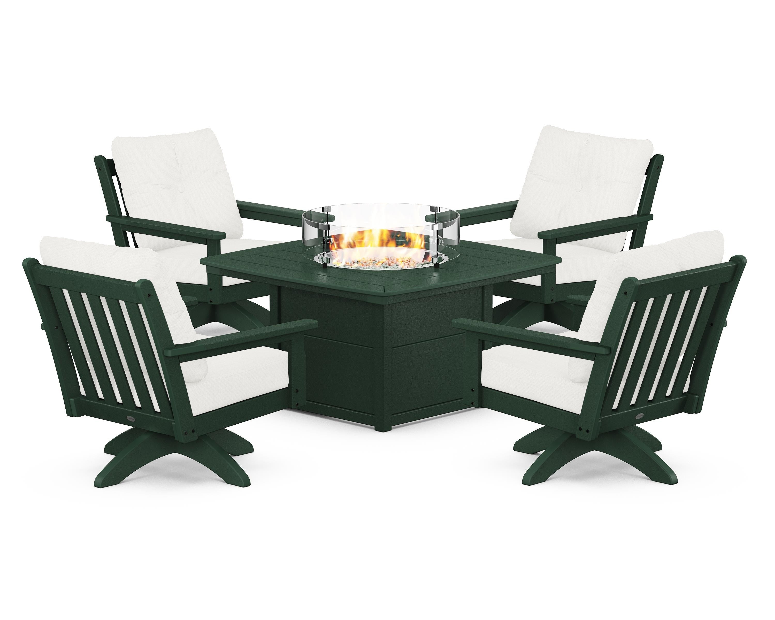 POLYWOOD® Vineyard 5-Piece Deep Seating Swivel Conversation Set with Fire Pit Table in Green / Natural Linen