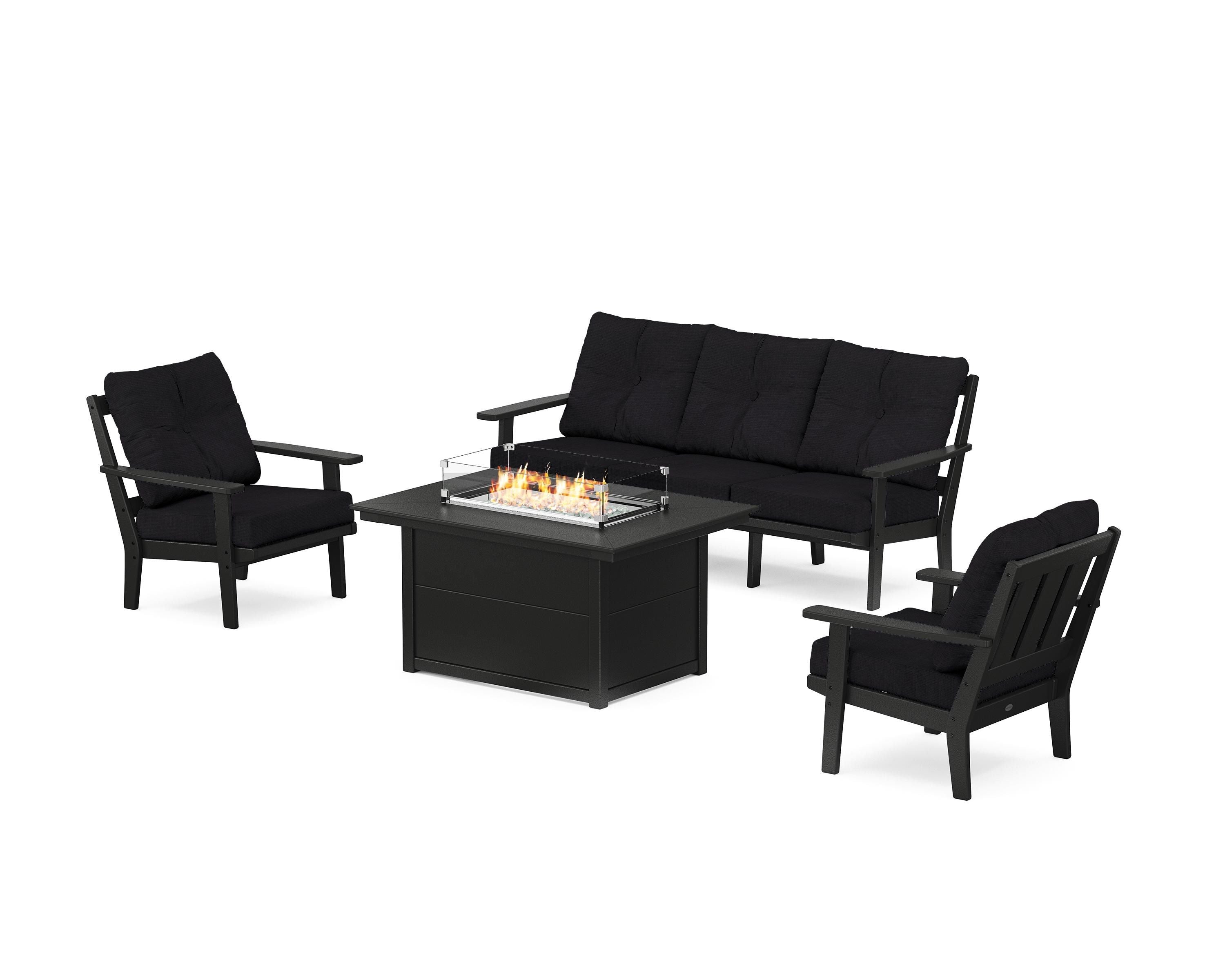 POLYWOOD® Oxford Deep Seating Fire Pit Table Set in Black / Midnight Linen